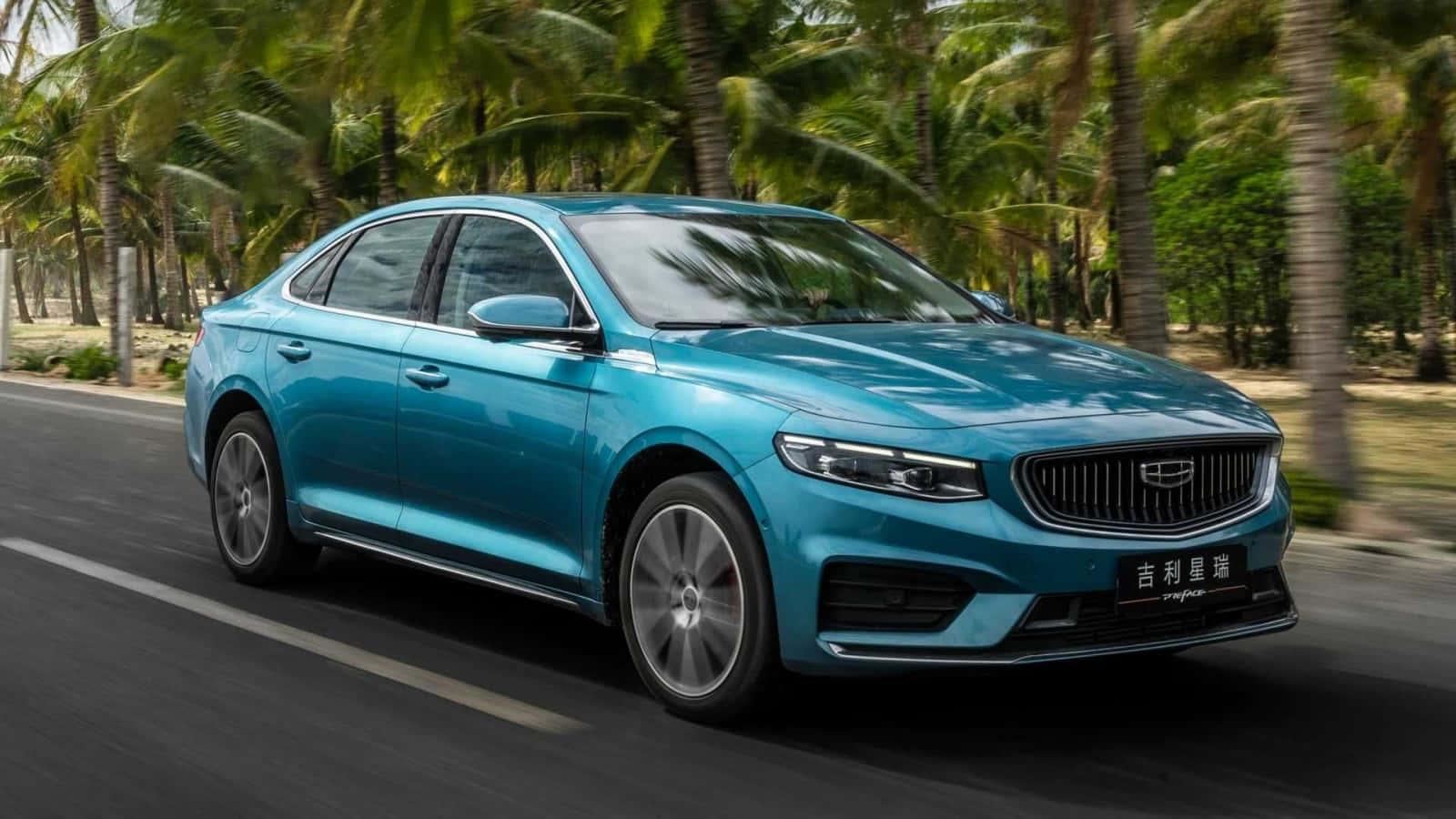 Geely Preface, turquoise, palm-lined road, HD Desktop Wallpaper