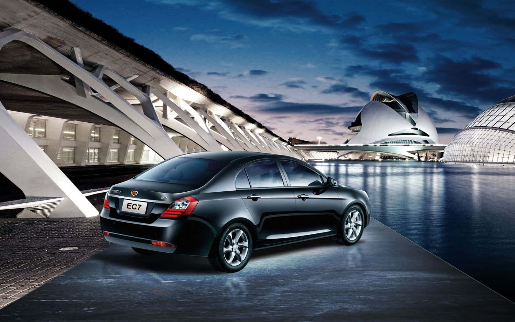 Geely, sleek black sedan, twilight sky, HD Desktop Wallpaper