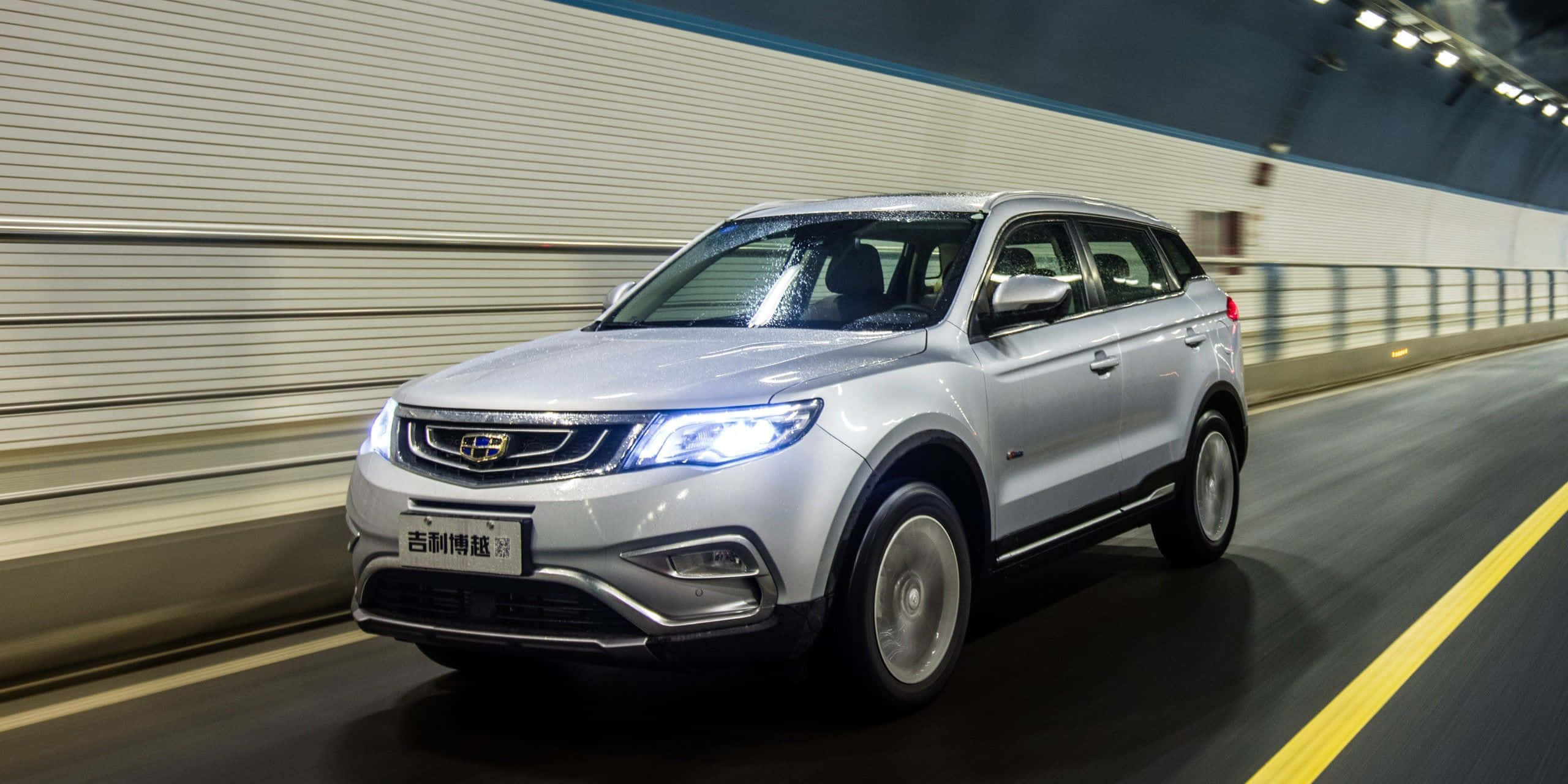 Geely, silver SUV, modern tunnel, 2K Desktop Wallpaper