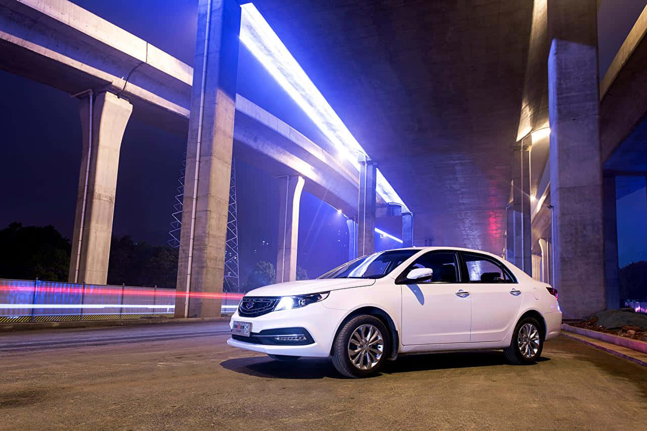 Geely, white sedan, glowing blue-lit overpass, HD Desktop Wallpaper