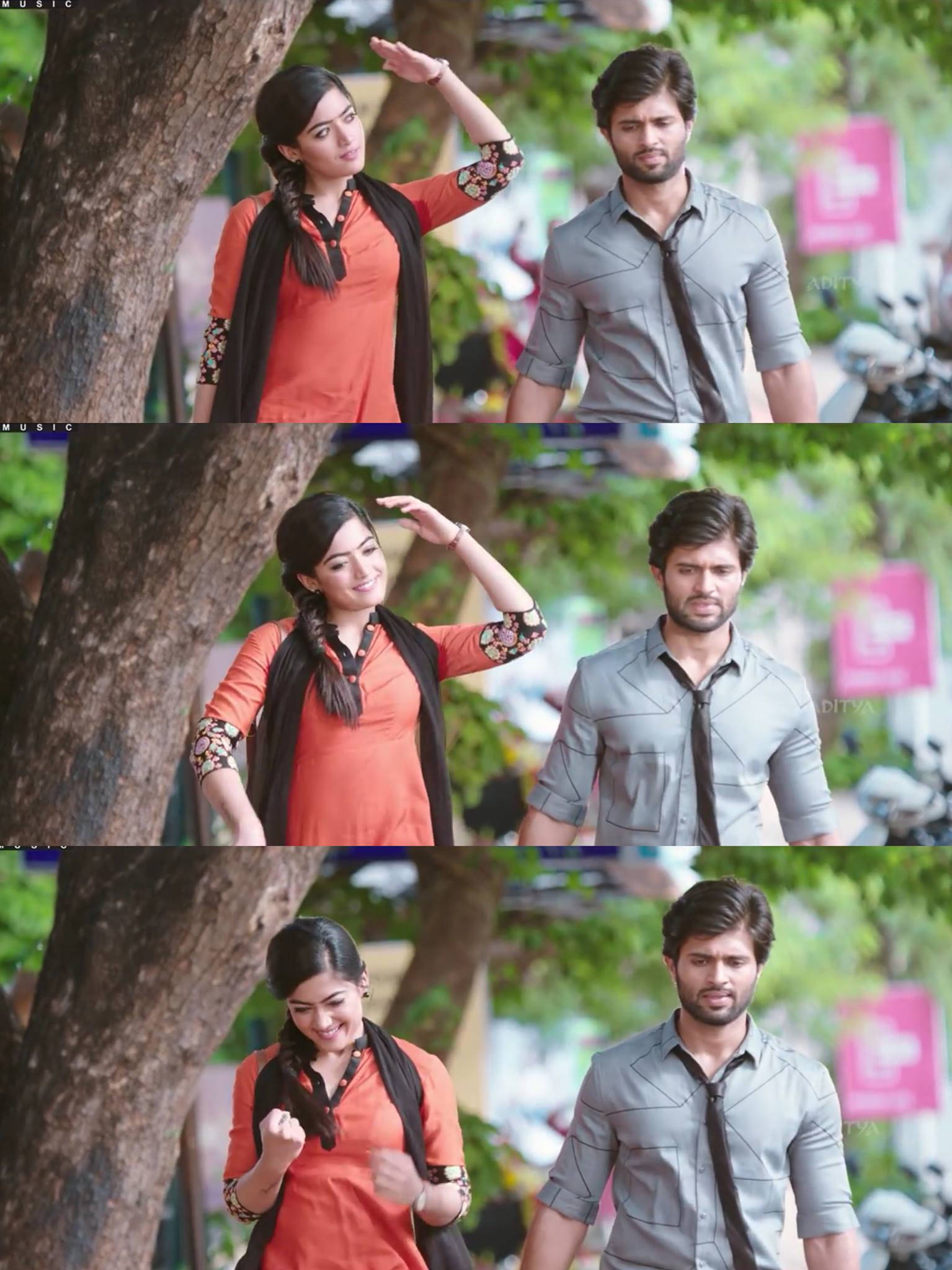 Geetha Govindam, woman in orange, man in grey, Full HD Phone Wallpaper
