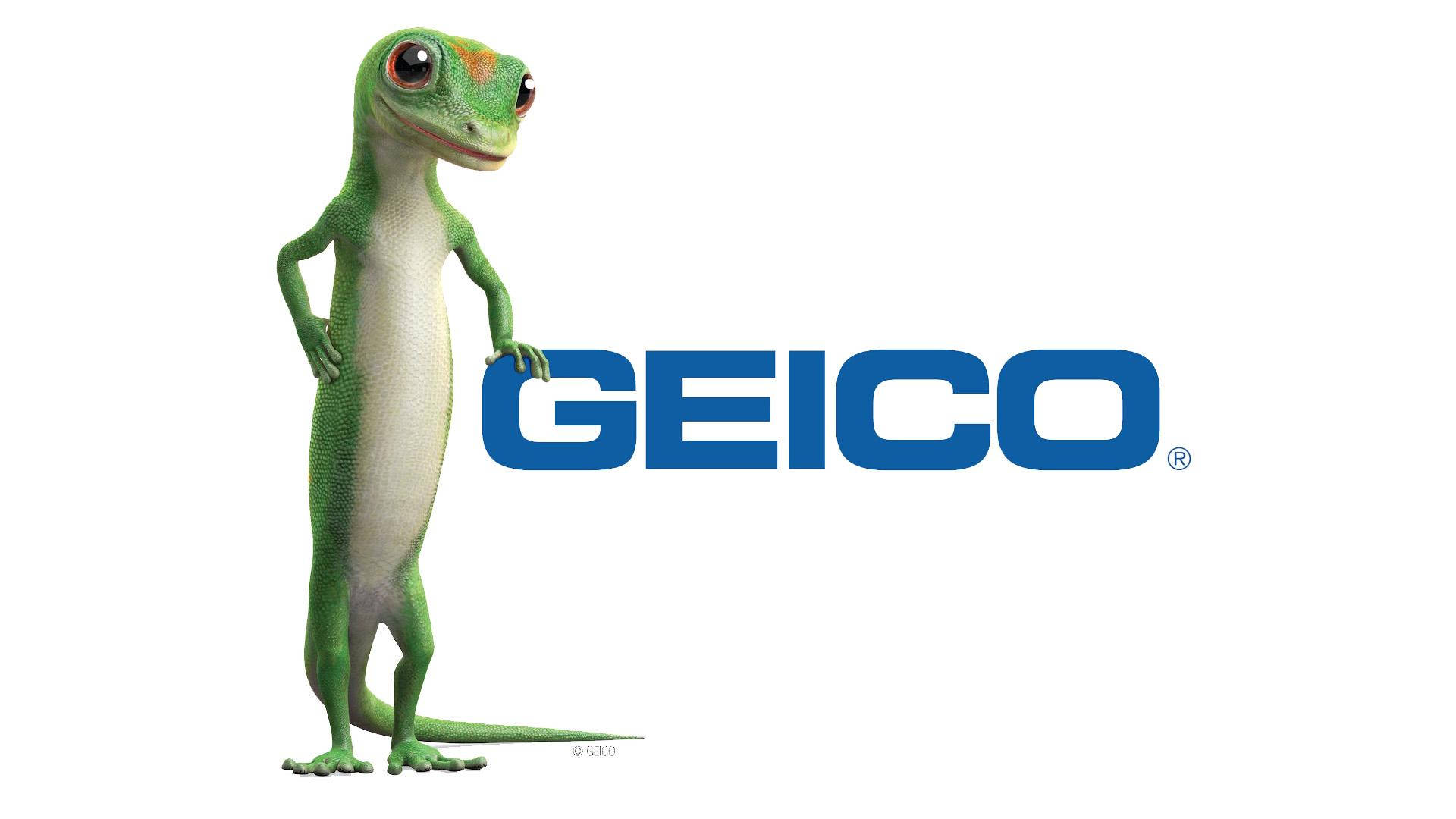 Geico, green cartoon gecko, blue GEICO logo, Full HD Desktop Wallpaper