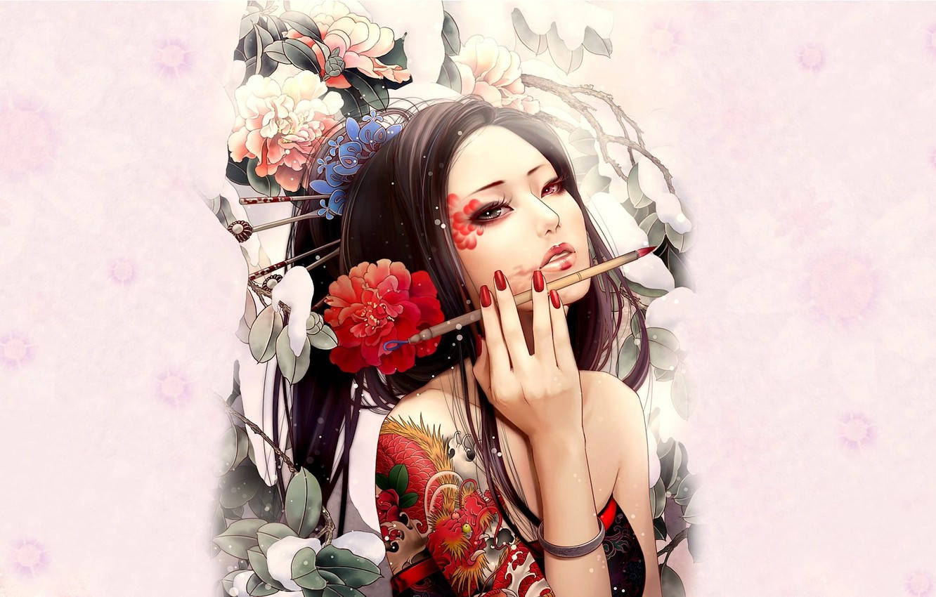 Geisha, dragon tattoo, red floral tattoos, HD Desktop Wallpaper