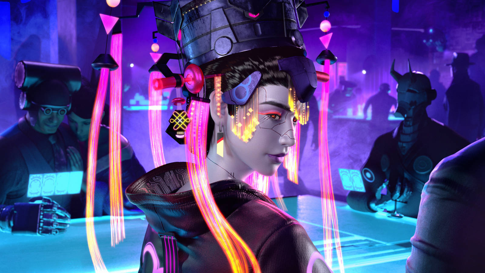 Geisha, futuristic vaporwave style, cyberpunk woman, HD Desktop Wallpaper