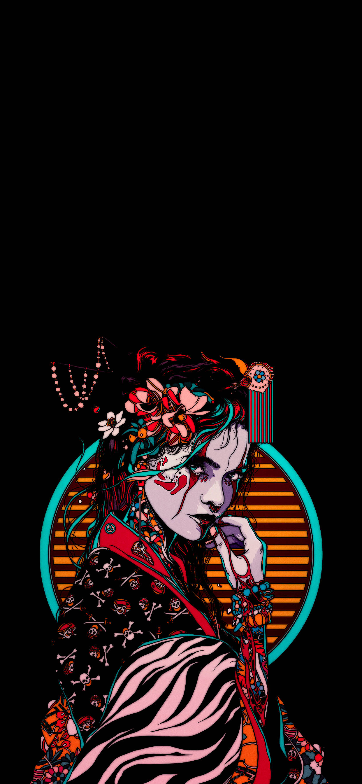 Geisha, vaporwave, floral hair accessories, 2K Phone Wallpaper