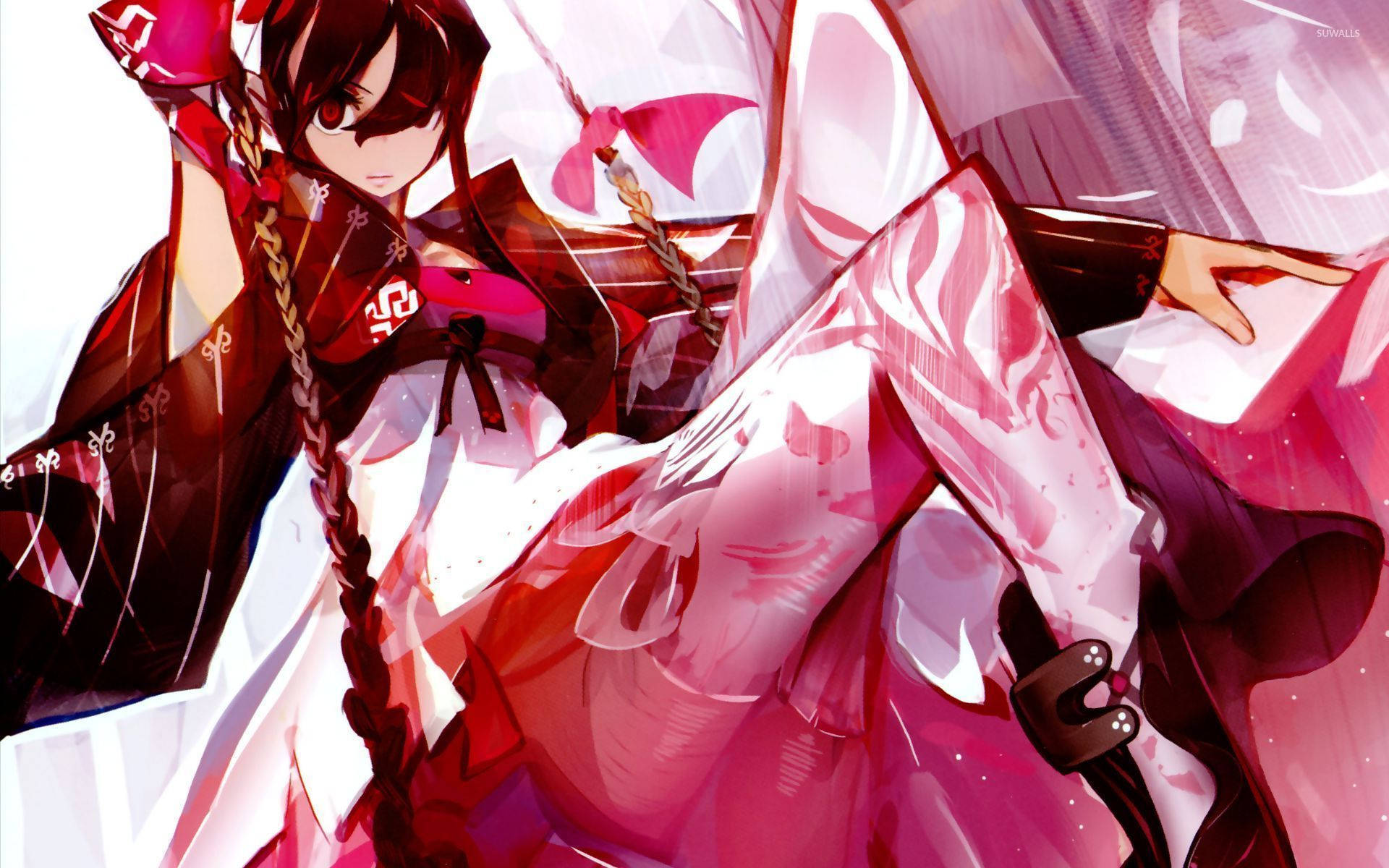 Geisha Warrior, anime style, red and white outfit, Full HD Desktop Wallpaper
