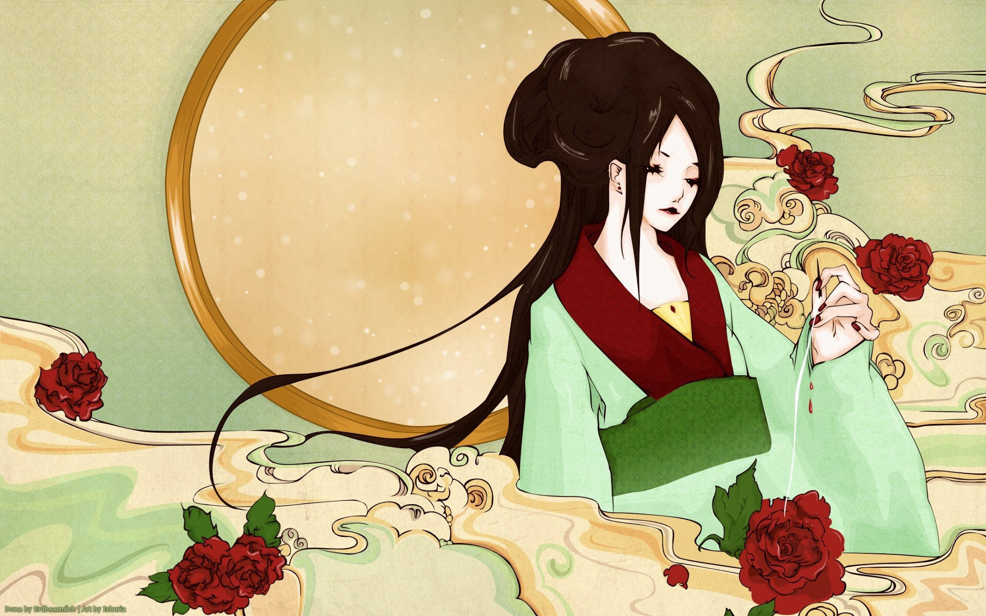 Geisha, traditional robes, swirling clouds, Full HD Desktop Wallpaper
