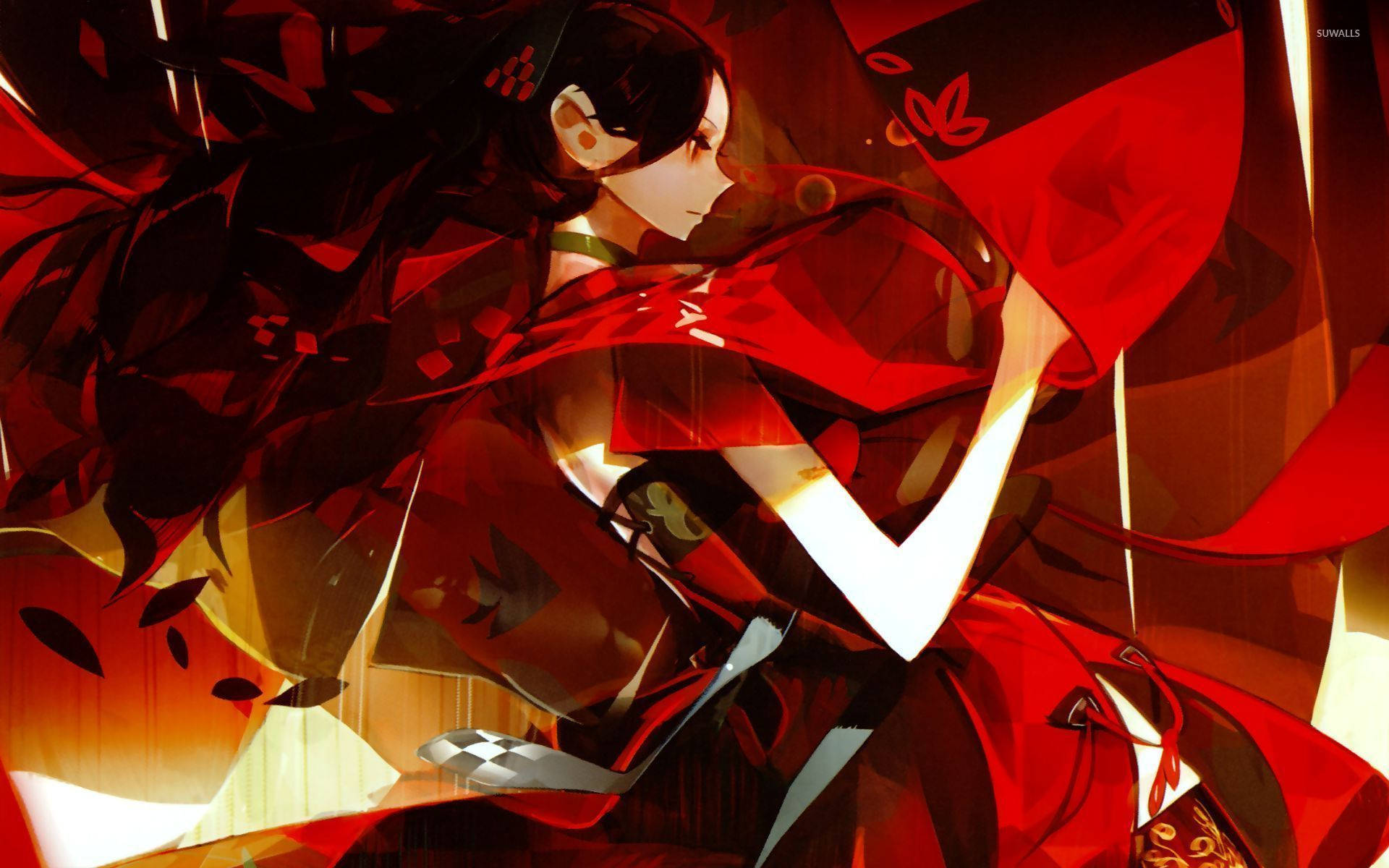 Geisha, red kimono, dark hair, Full HD Desktop Wallpaper