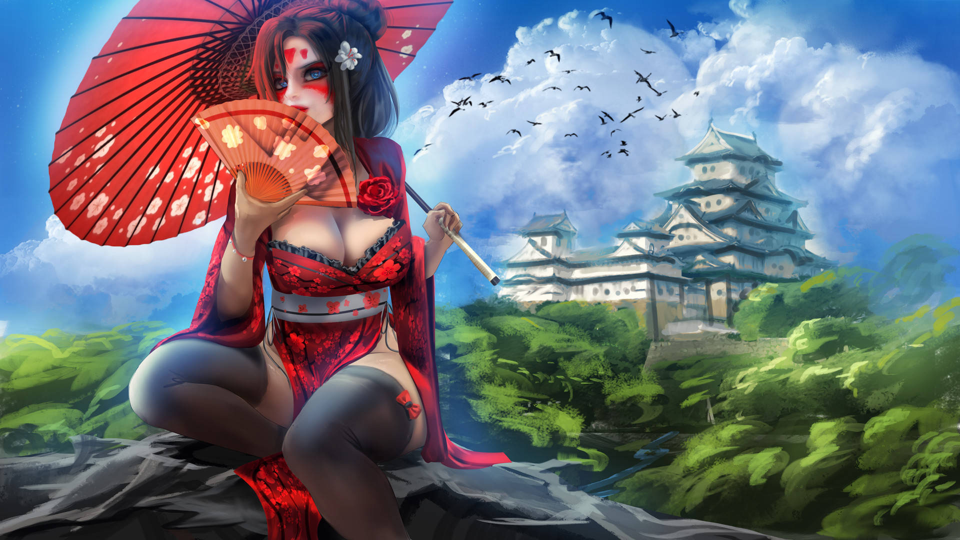 Geisha, red kimono, umbrella, Full HD Desktop Wallpaper