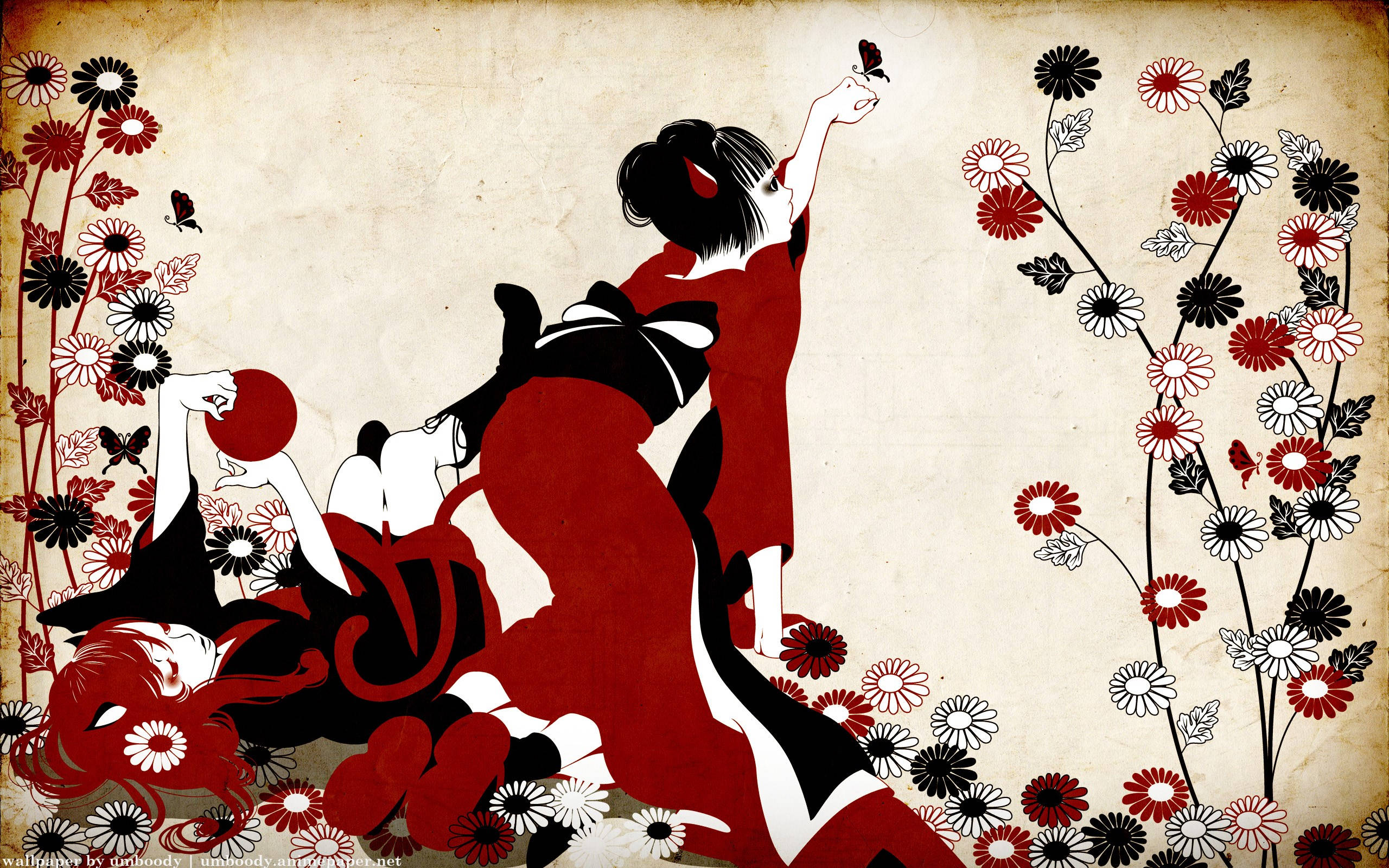 Geisha, red kimonos, black kimonos, 2K Desktop Wallpaper