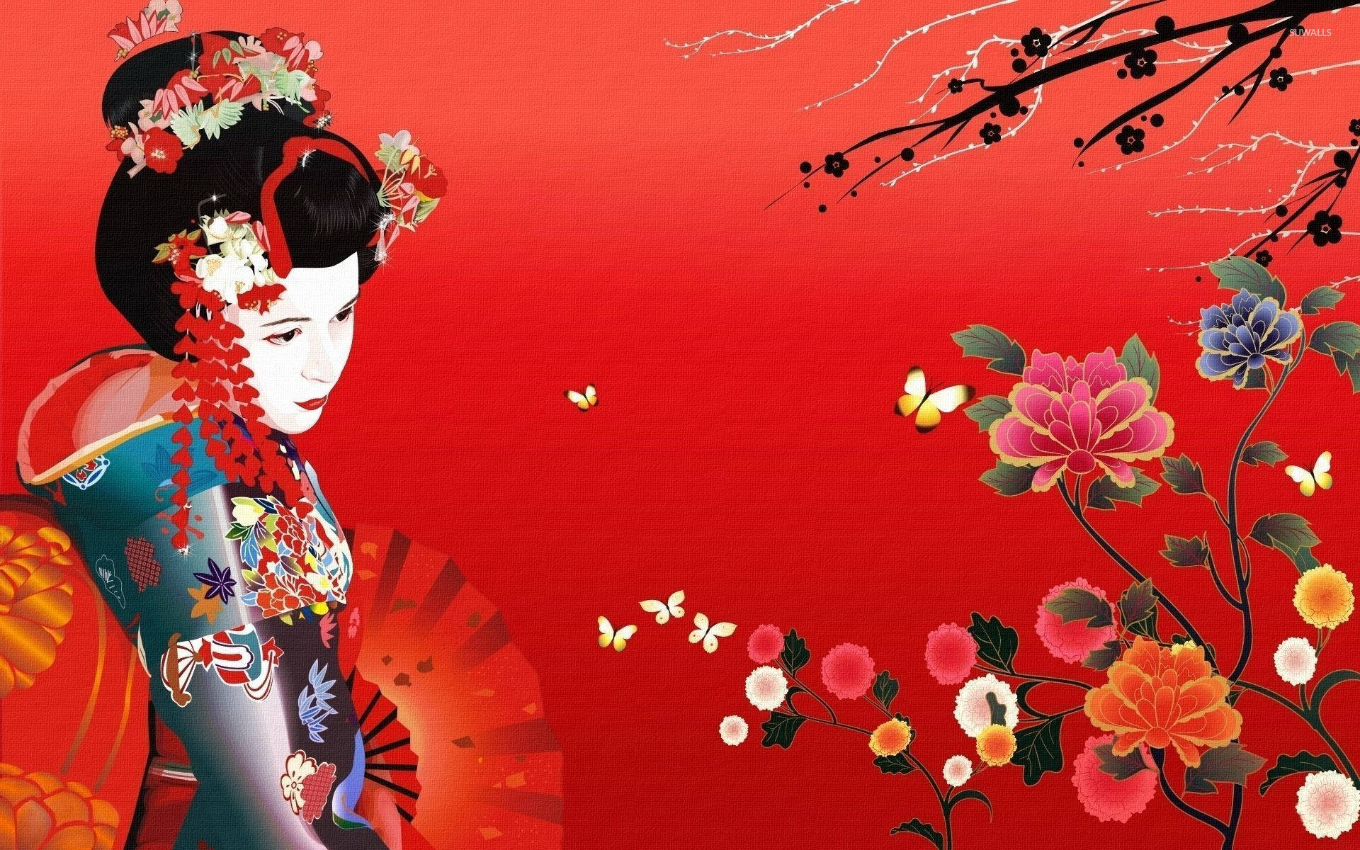 Geisha, red background, floral branches, Full HD Desktop Wallpaper