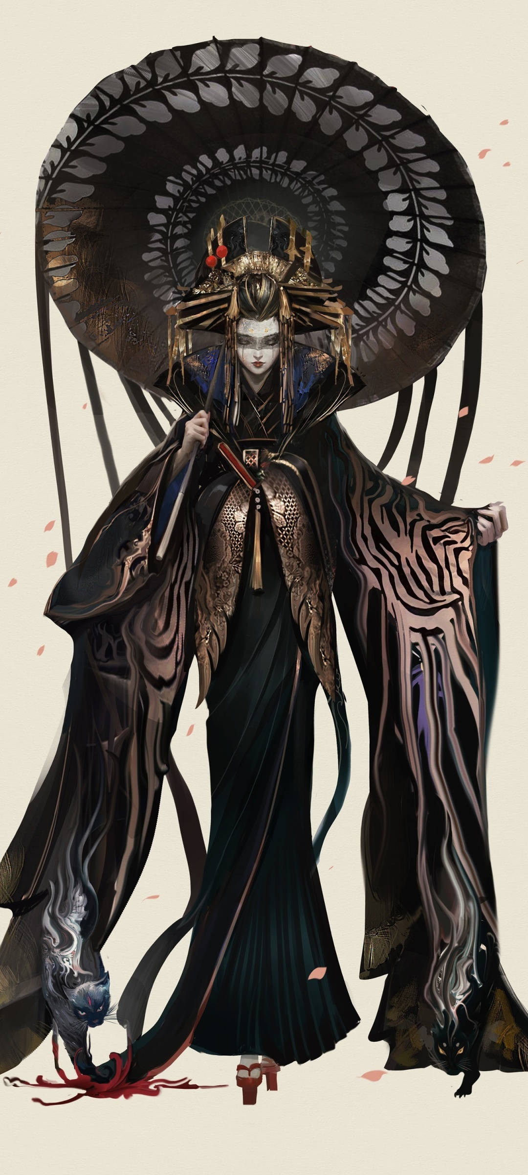 Geisha, black and gold, ornate black robes, Full HD Phone Wallpaper