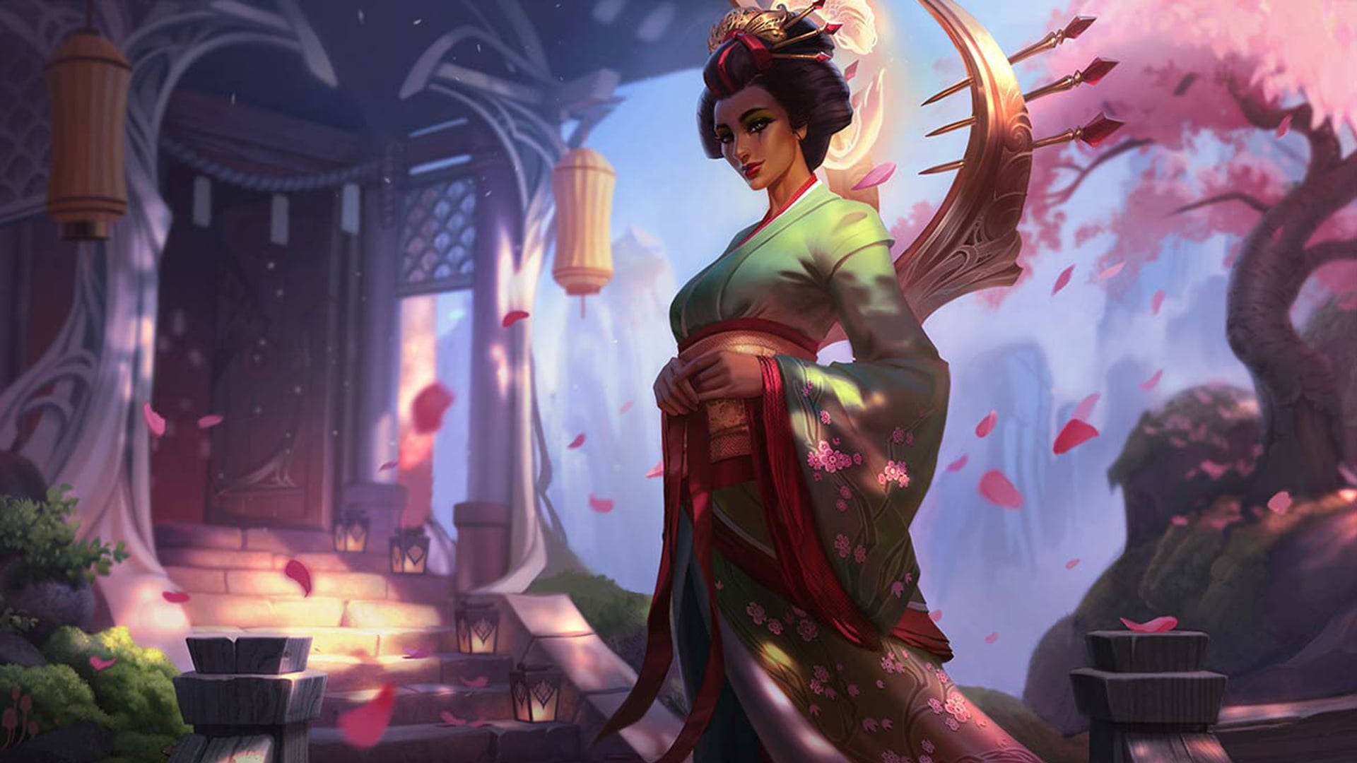 Geisha, green kimono, cherry blossom kimono, Full HD Desktop Wallpaper