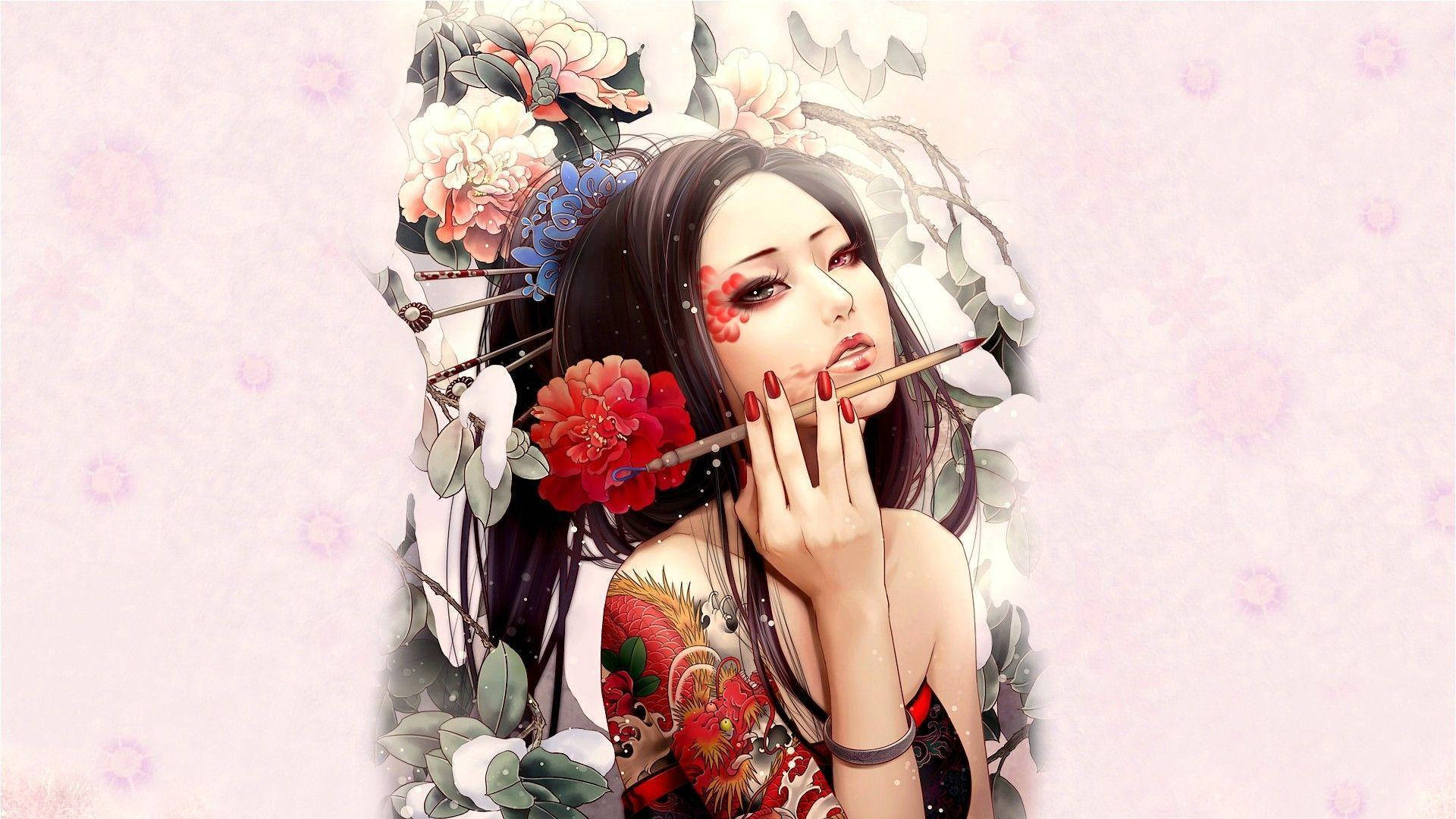 Geisha, HD Tattoo Design, dark hair, Full HD Desktop Wallpaper