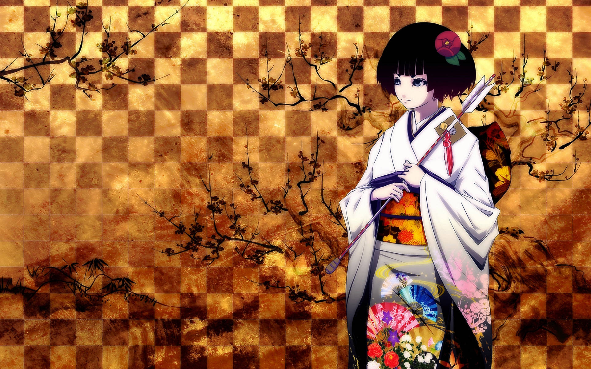 Geisha, white kimono, bow and arrow, Full HD Desktop Wallpaper