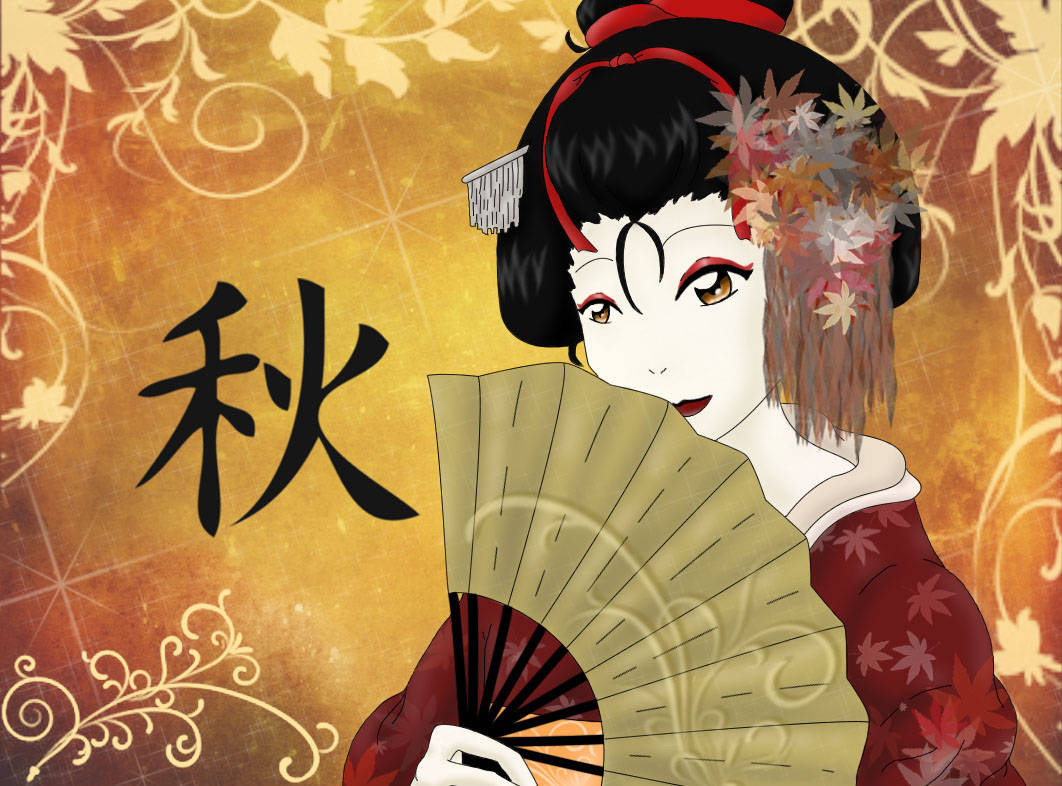 Geisha, gold fan, autumn leaves, SD Desktop Wallpaper