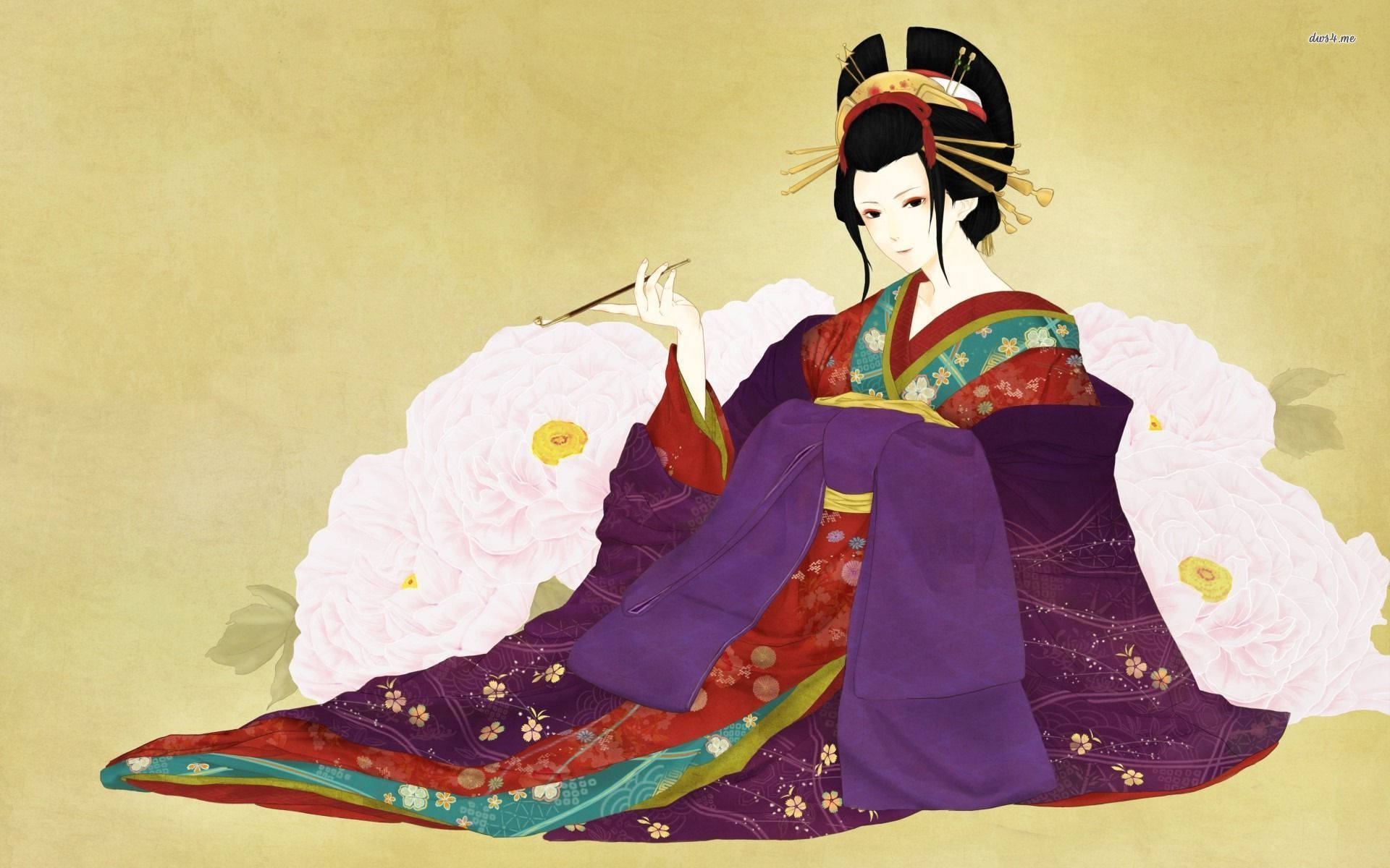 Geisha, blush pink floral background, vibrant purple and red kimono, Full HD Desktop Wallpaper