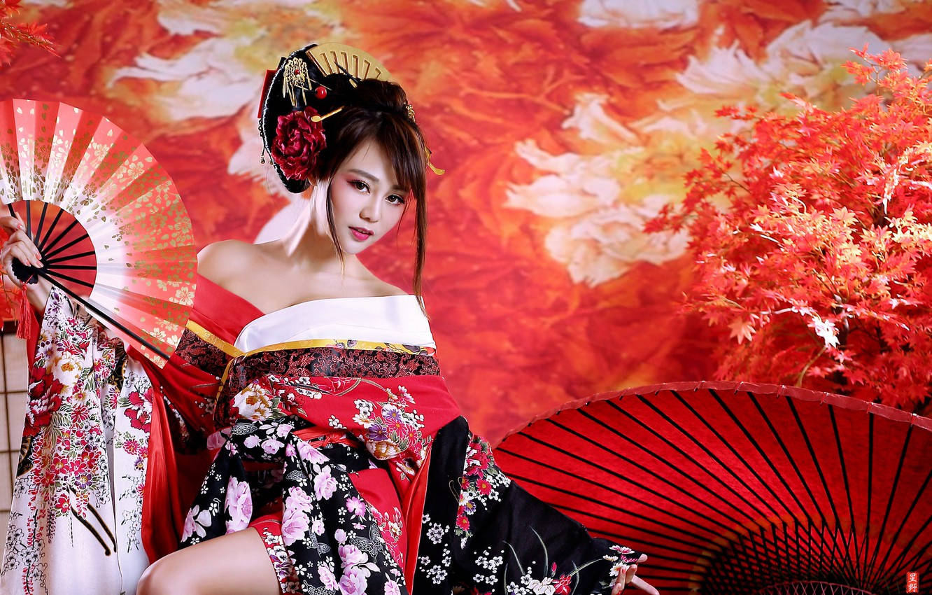 Geisha, red fan, red and black floral kimono, HD Desktop Wallpaper