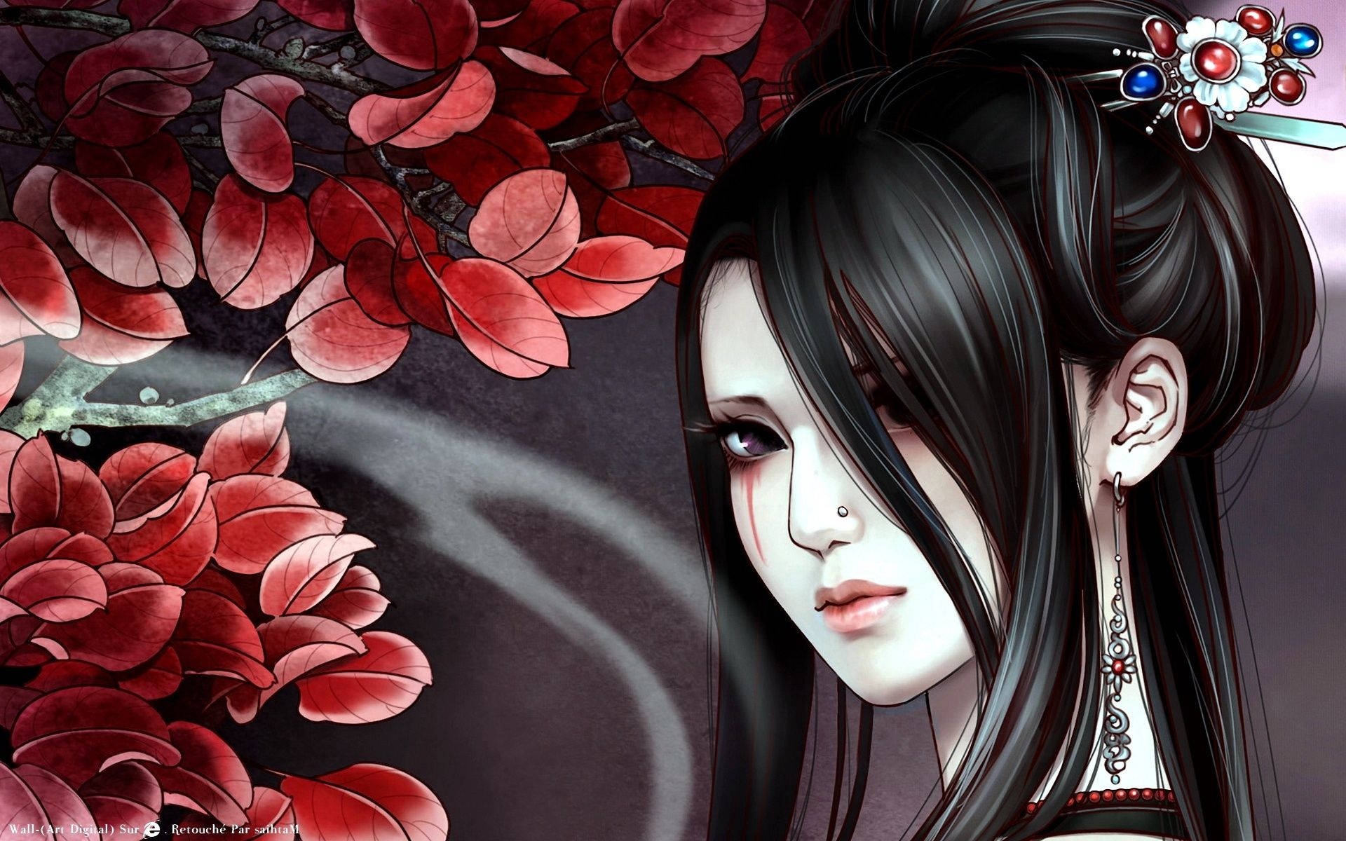 Geisha, red leaves, crimson autumn leaves, Full HD Desktop Wallpaper