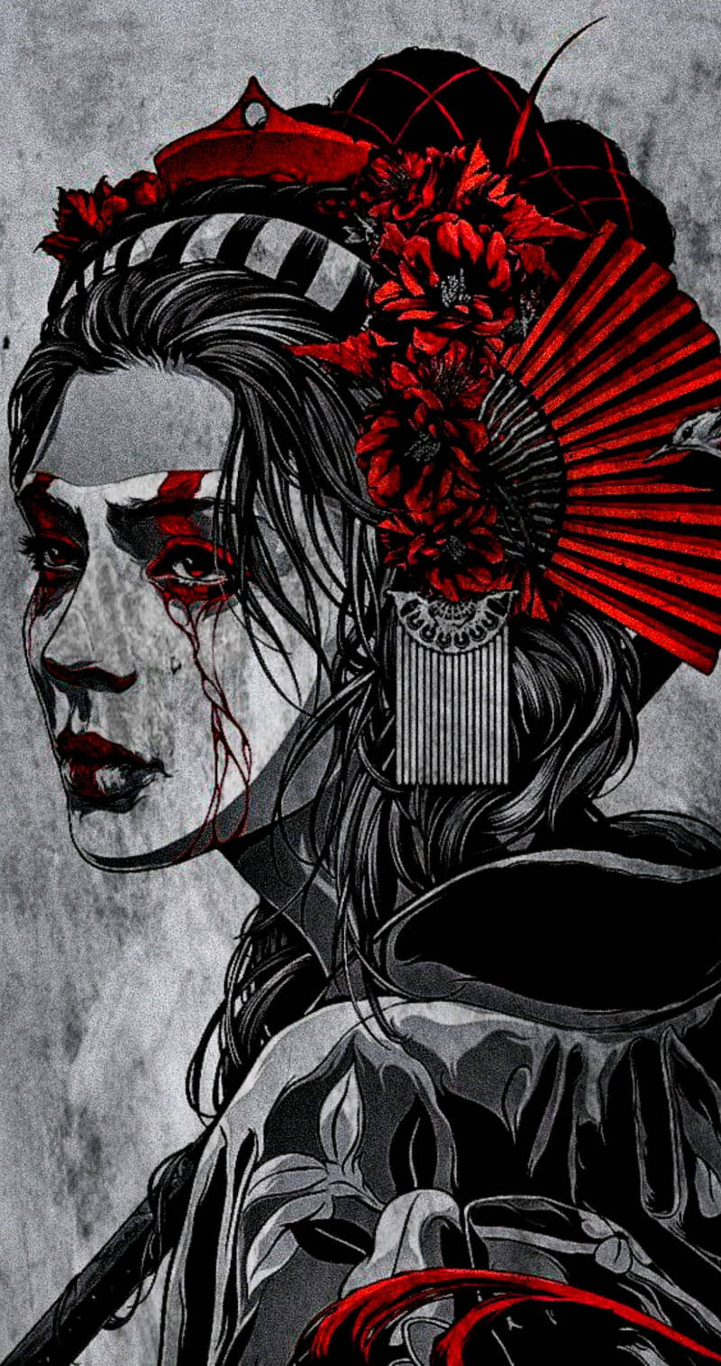Geisha, blood tears, red floral adornments, HD Phone Wallpaper