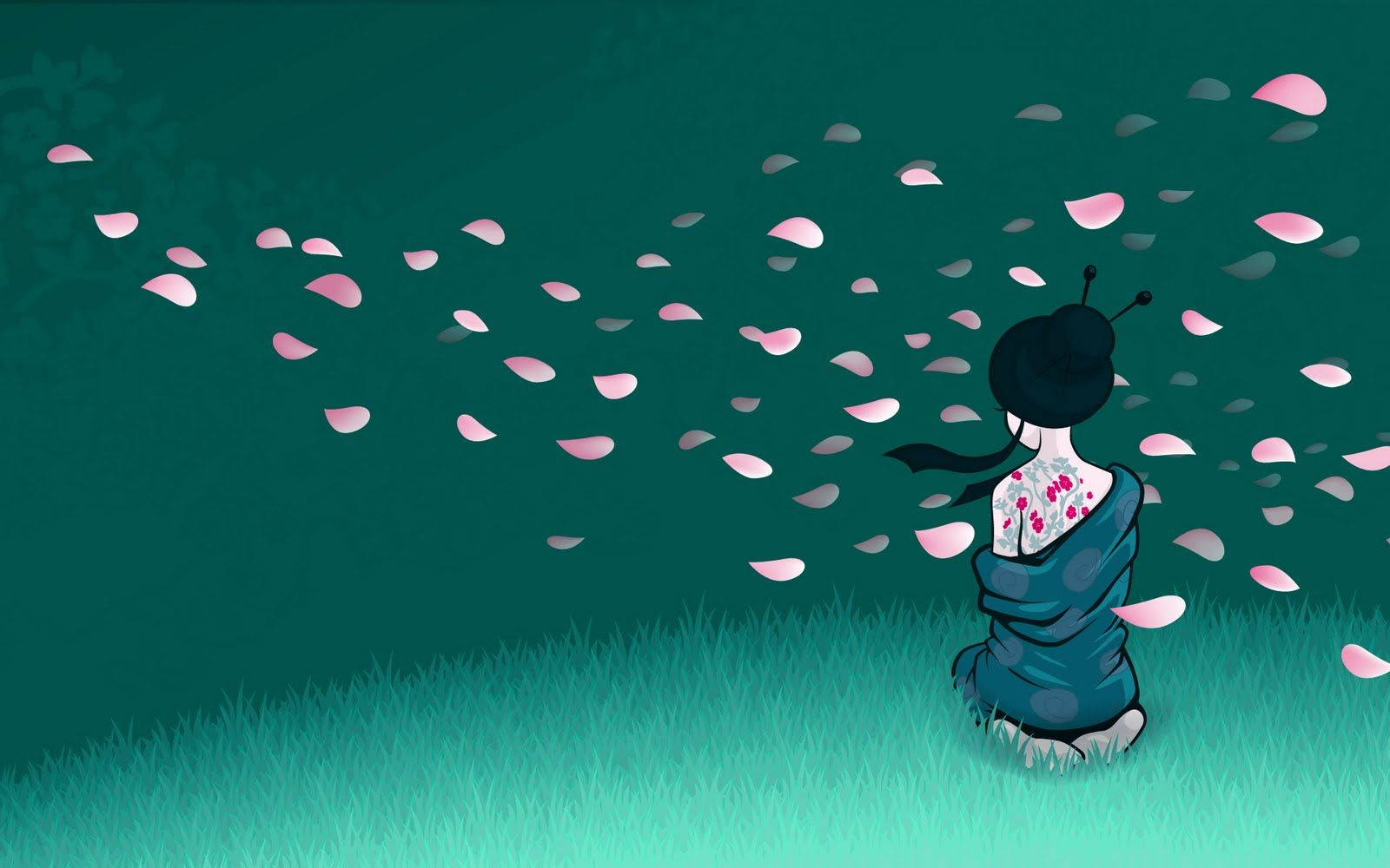 Geisha, blue kimono, pink cherry blossoms, HD Desktop Wallpaper