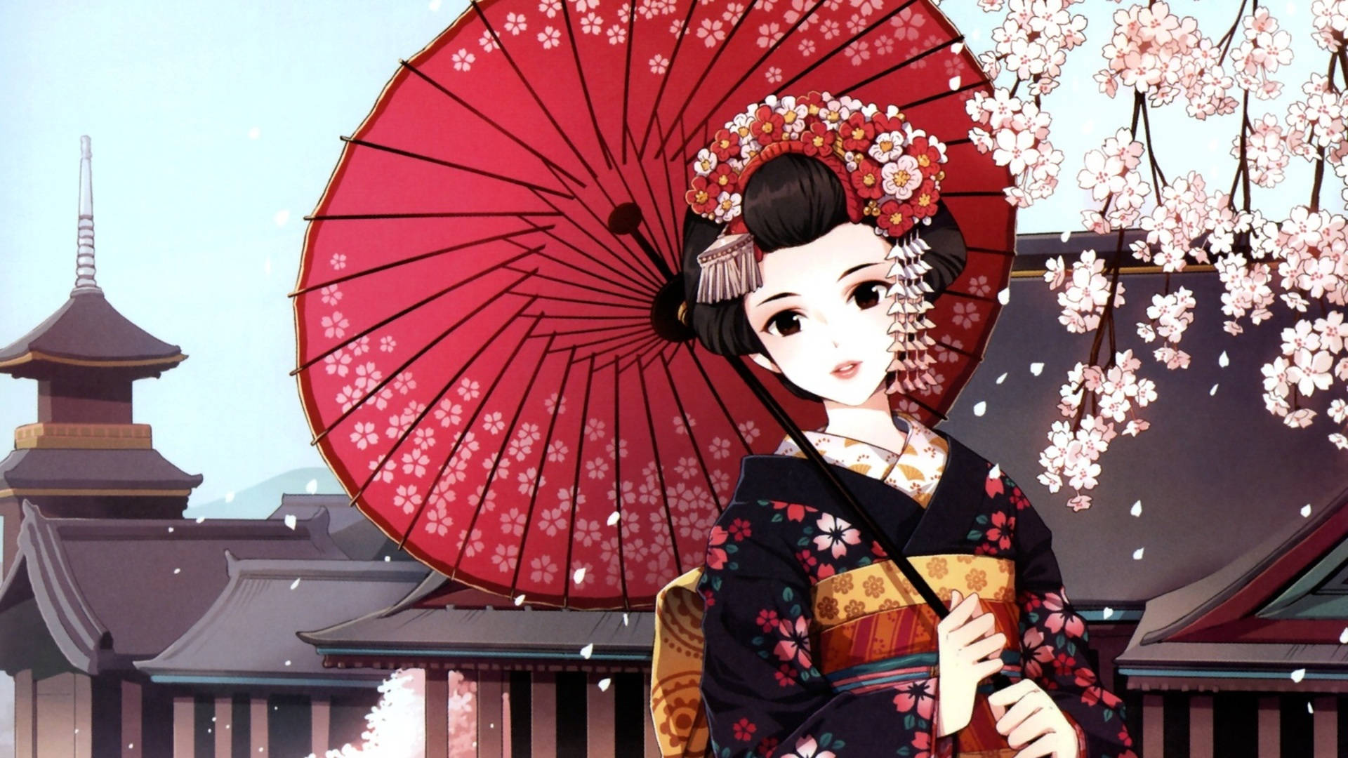Geisha, red cherry blossom umbrella, sakura trees, Full HD Desktop Wallpaper