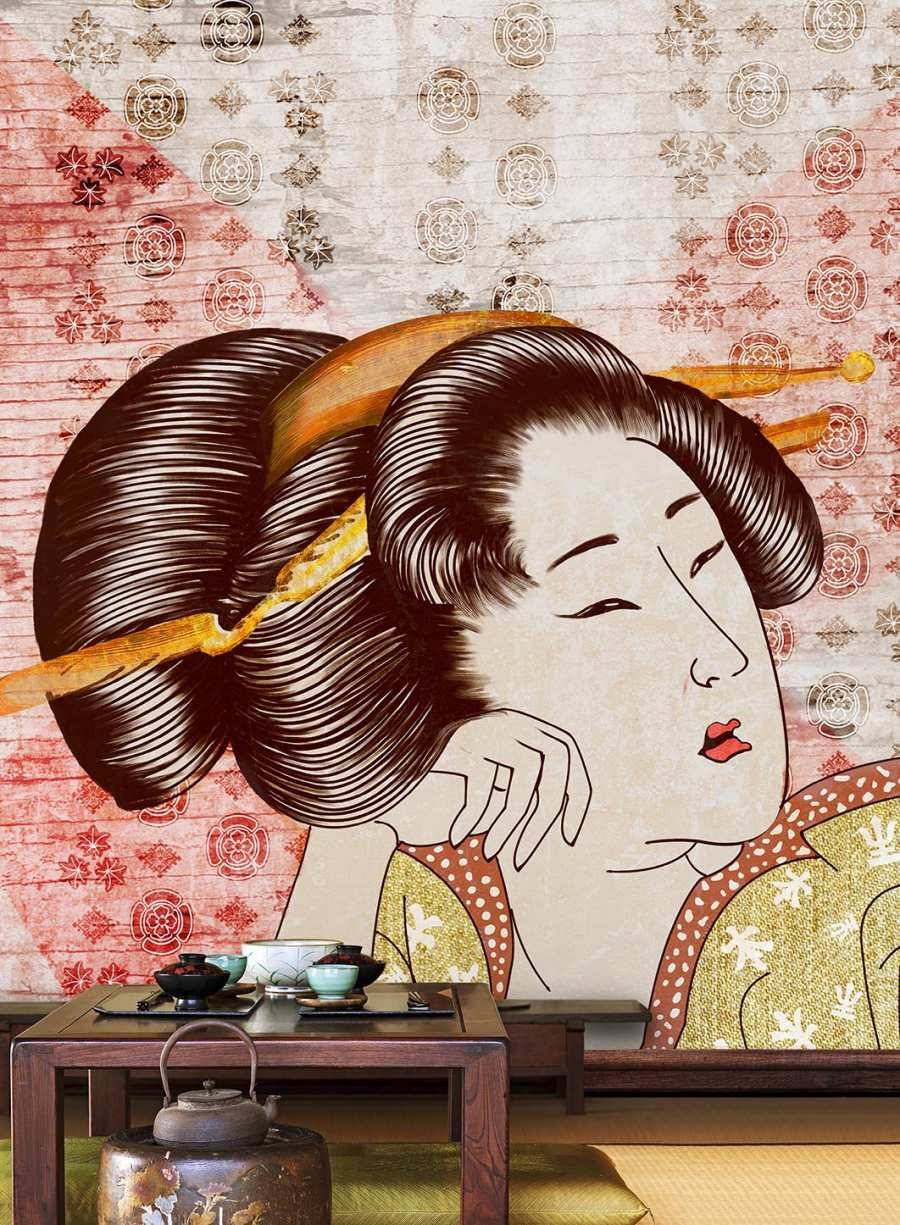 Geisha, red lips, intricate hair, SD Phone Wallpaper