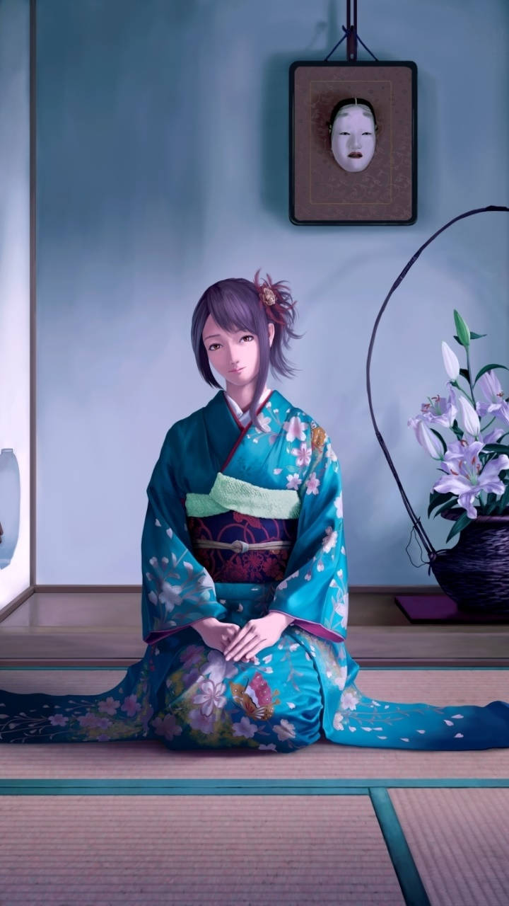 Geisha, floral kimono, tatami mats, HD Phone Wallpaper
