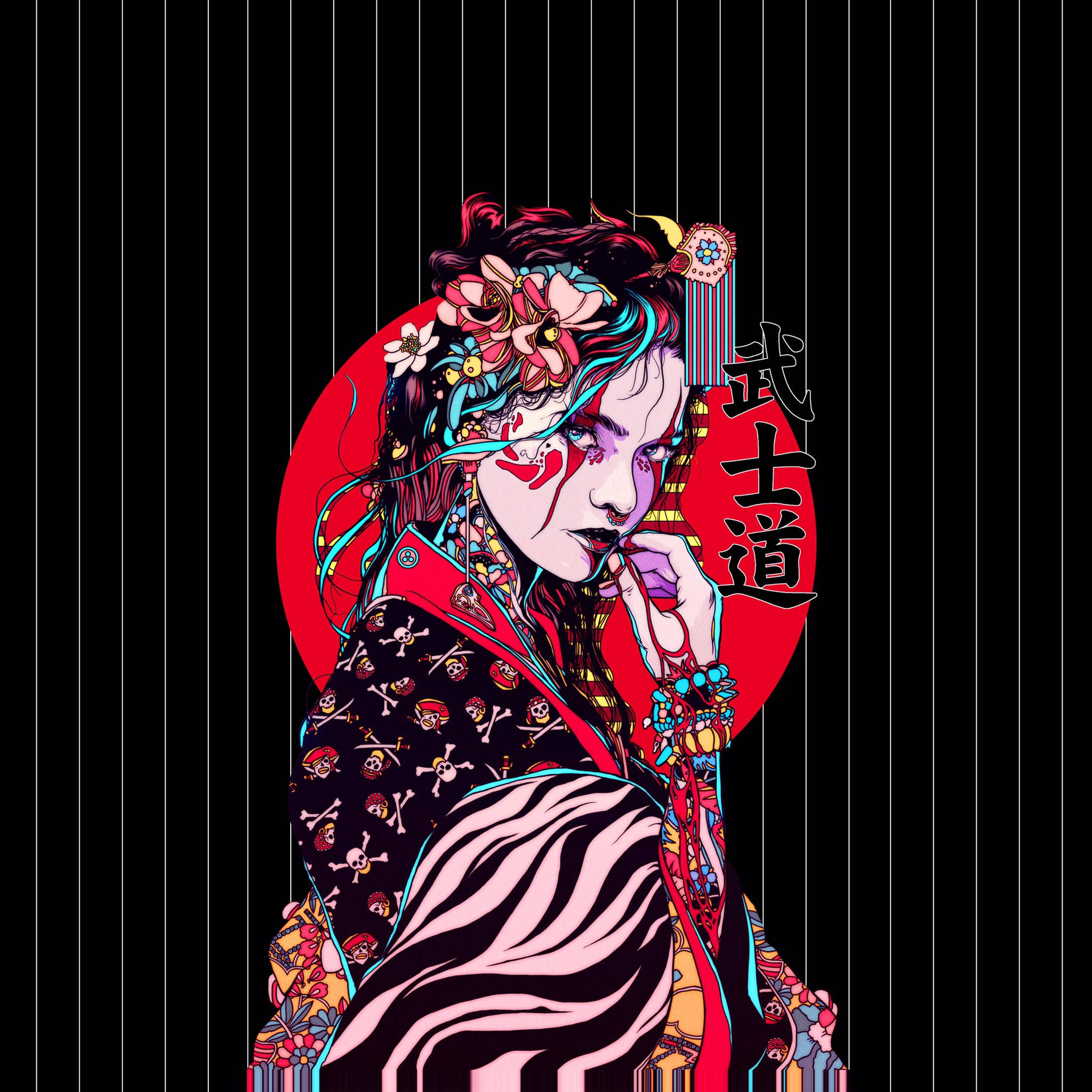 Geisha, pinstripe background, red circular accent, Full HD Desktop Wallpaper