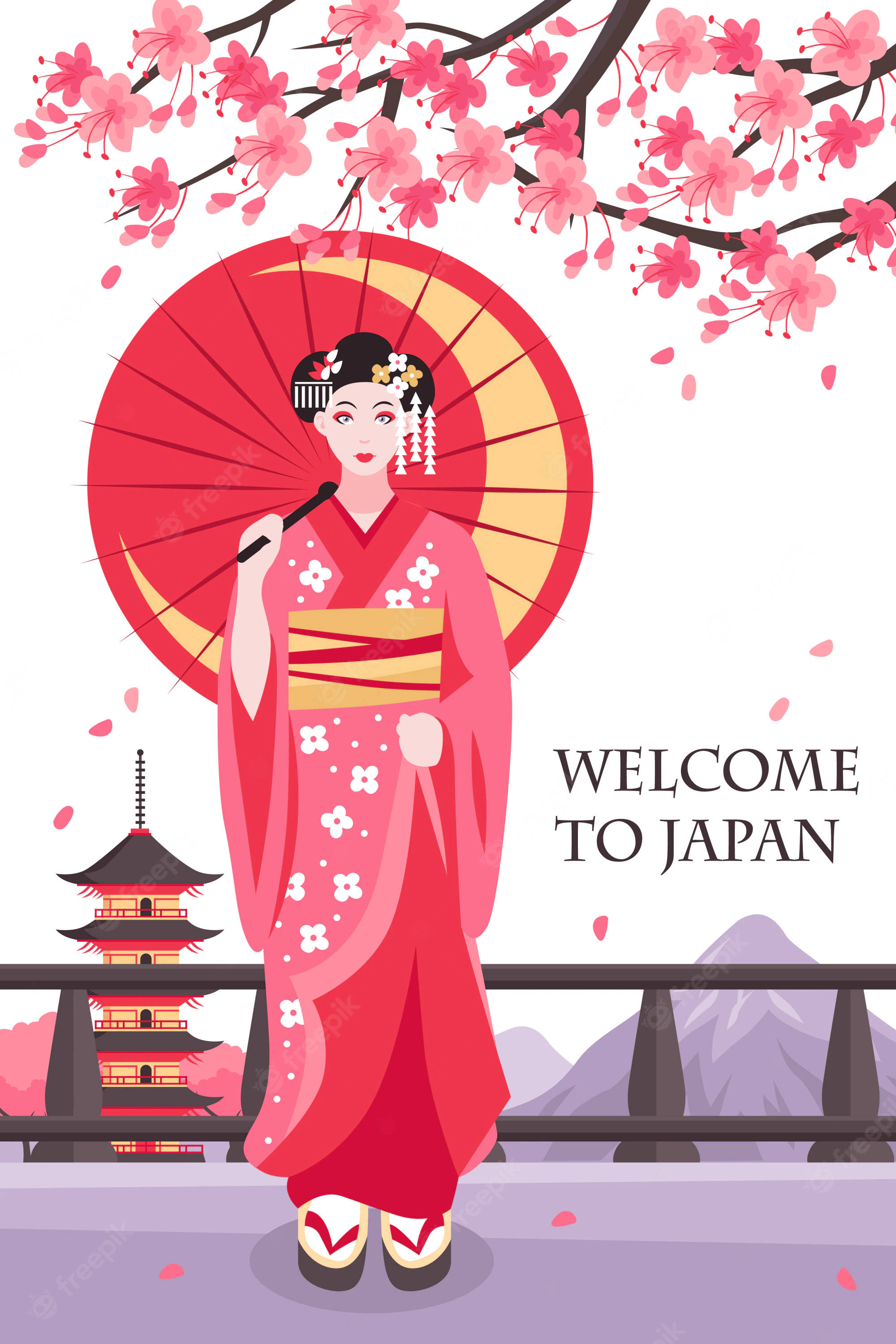 Geisha, pink kimono, red parasol, 2K Phone Wallpaper