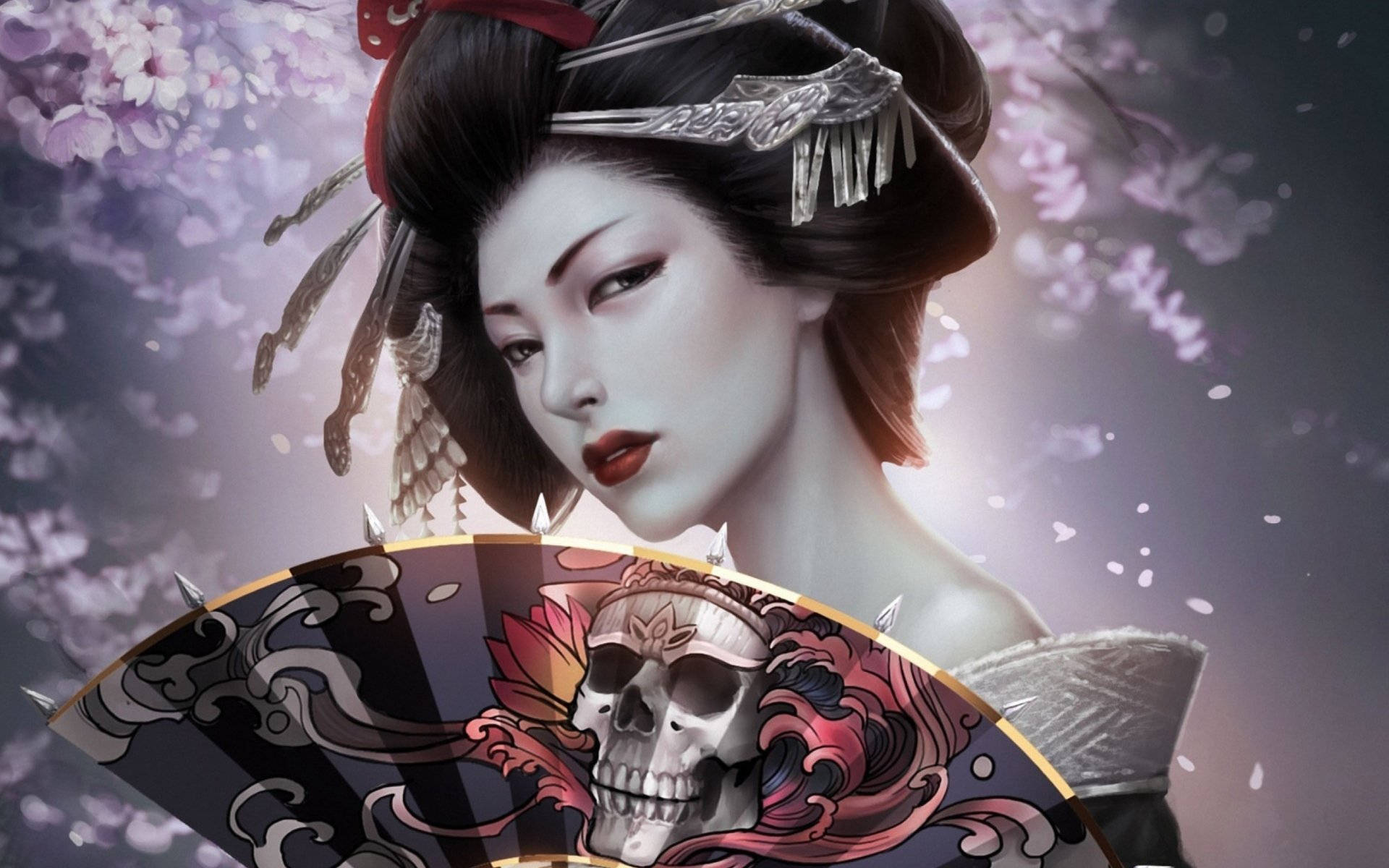 Geisha, skull and floral design, falling cherry blossoms, Full HD Desktop Wallpaper