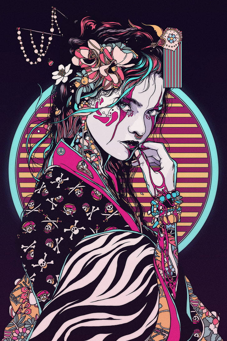 Geisha, skull-patterned clothing, floral hair accessories, SD Phone Wallpaper