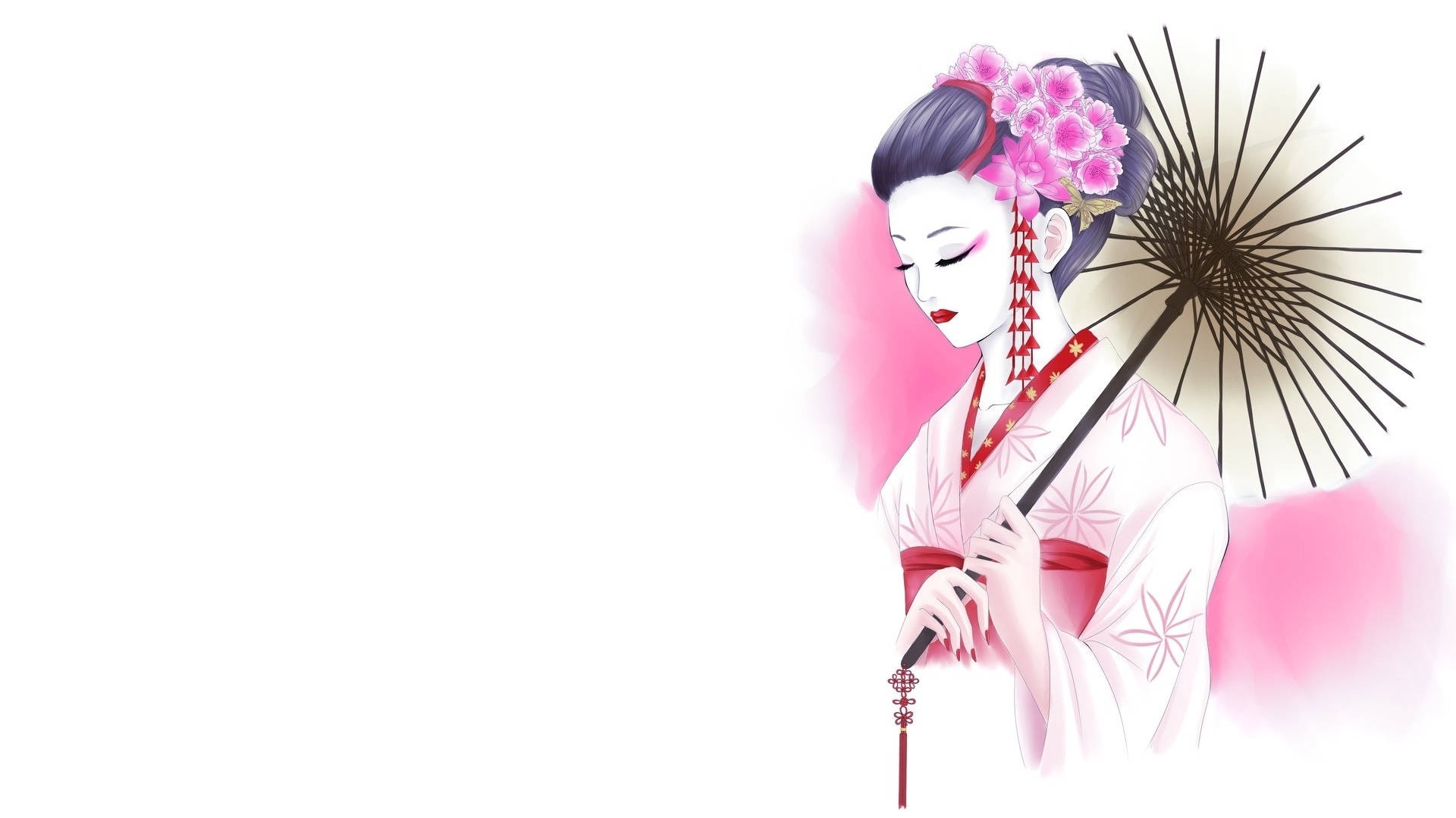 Geisha, pink kimono, white kimono, Full HD Desktop Wallpaper
