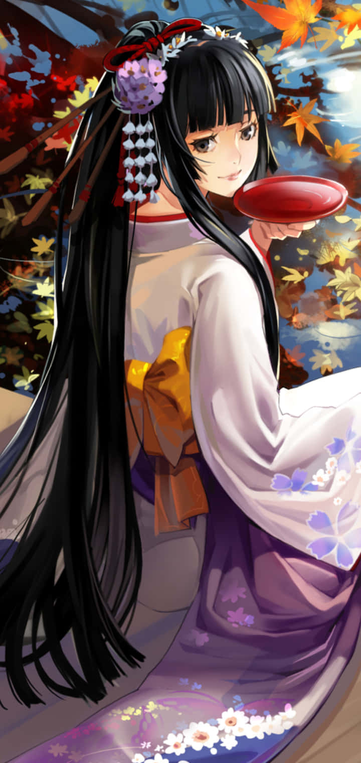 anime girl, floral kimono, red cup, HD Phone Wallpaper