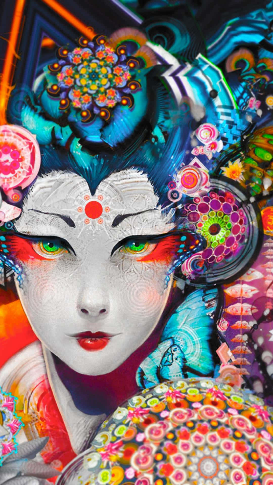 psychedelic geisha artwork, glowing green eyes, intricate floral headdress, Full HD Phone Wallpaper