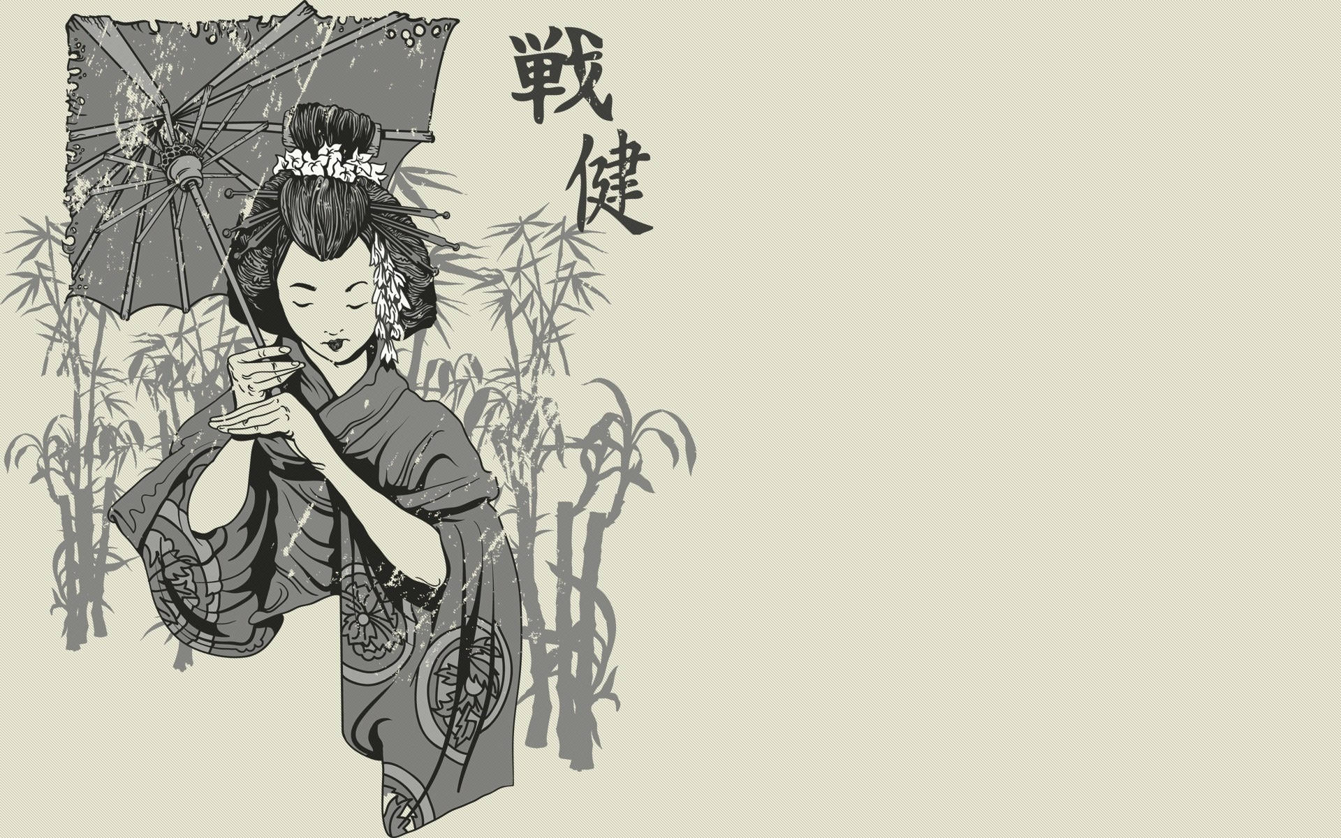 Geisha, traditional kimono, parasol, Full HD Desktop Wallpaper