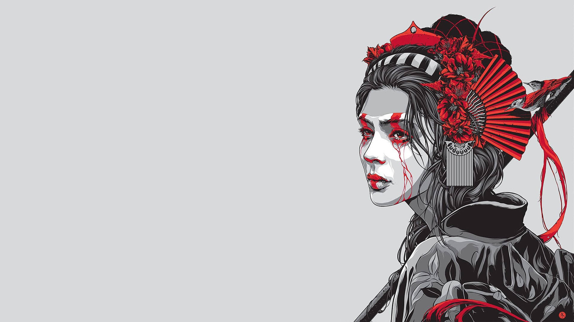 Geisha, red tears, white face paint, Full HD Desktop Wallpaper