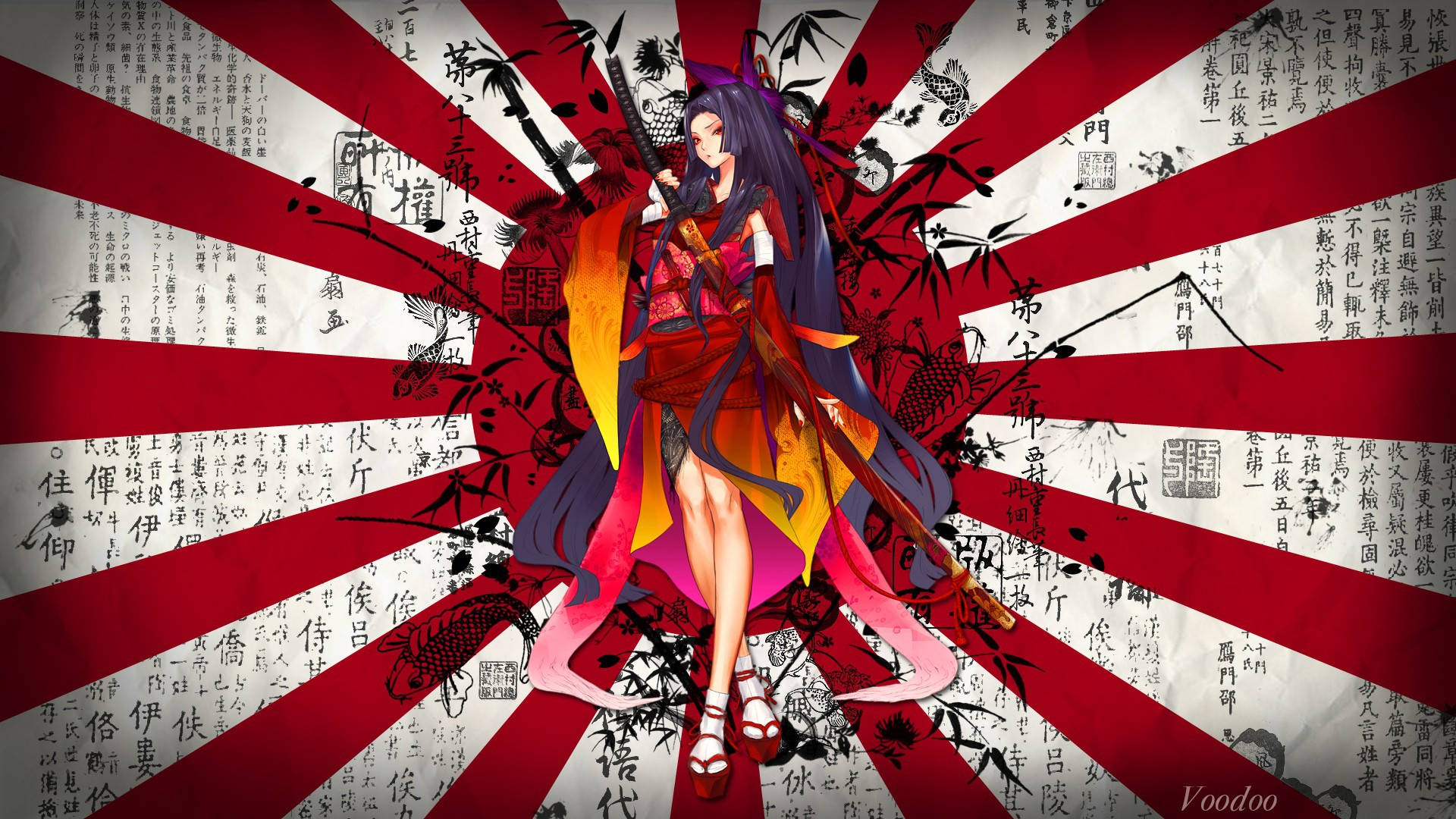 Geisha, purple hair, red kimono, Full HD Desktop Wallpaper