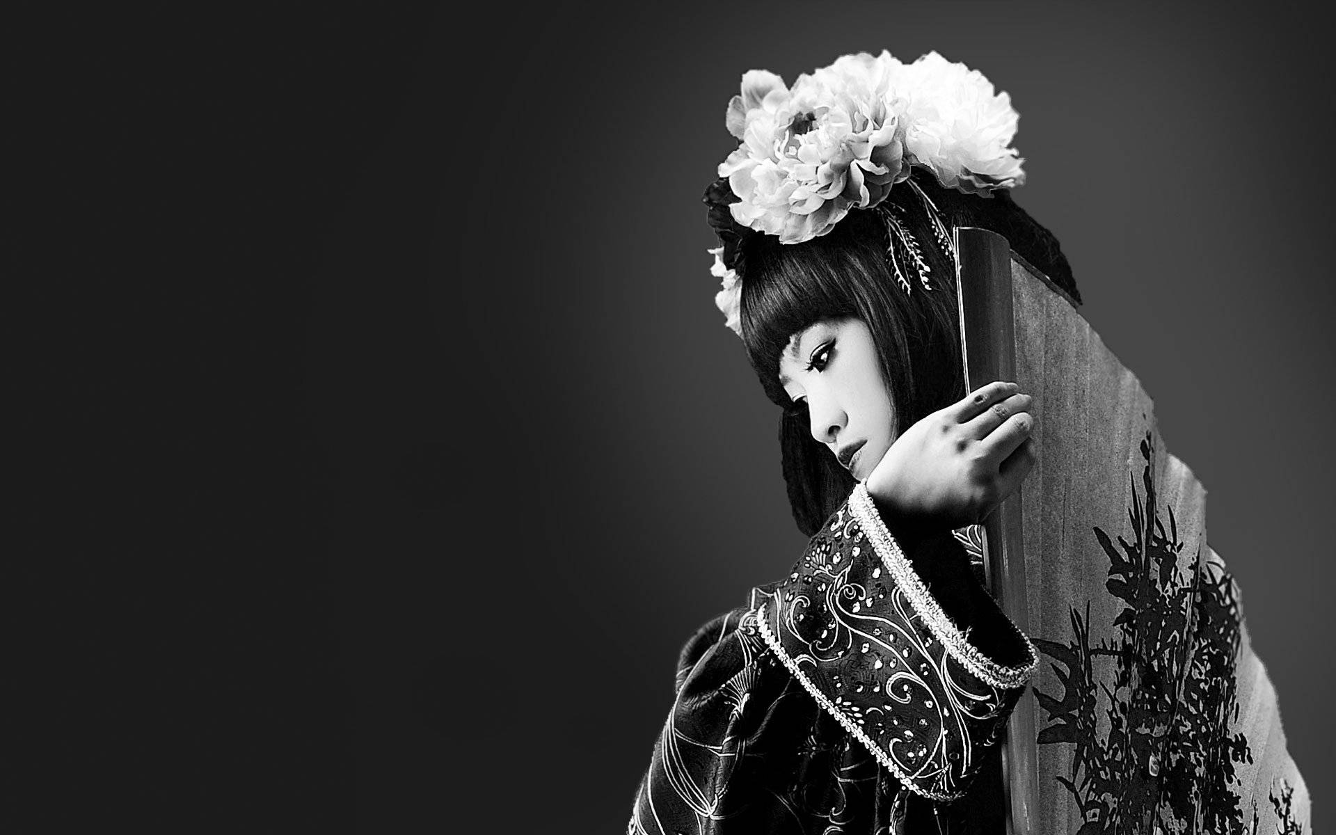 Geisha, flower headdress, greyscale, Full HD Desktop Wallpaper