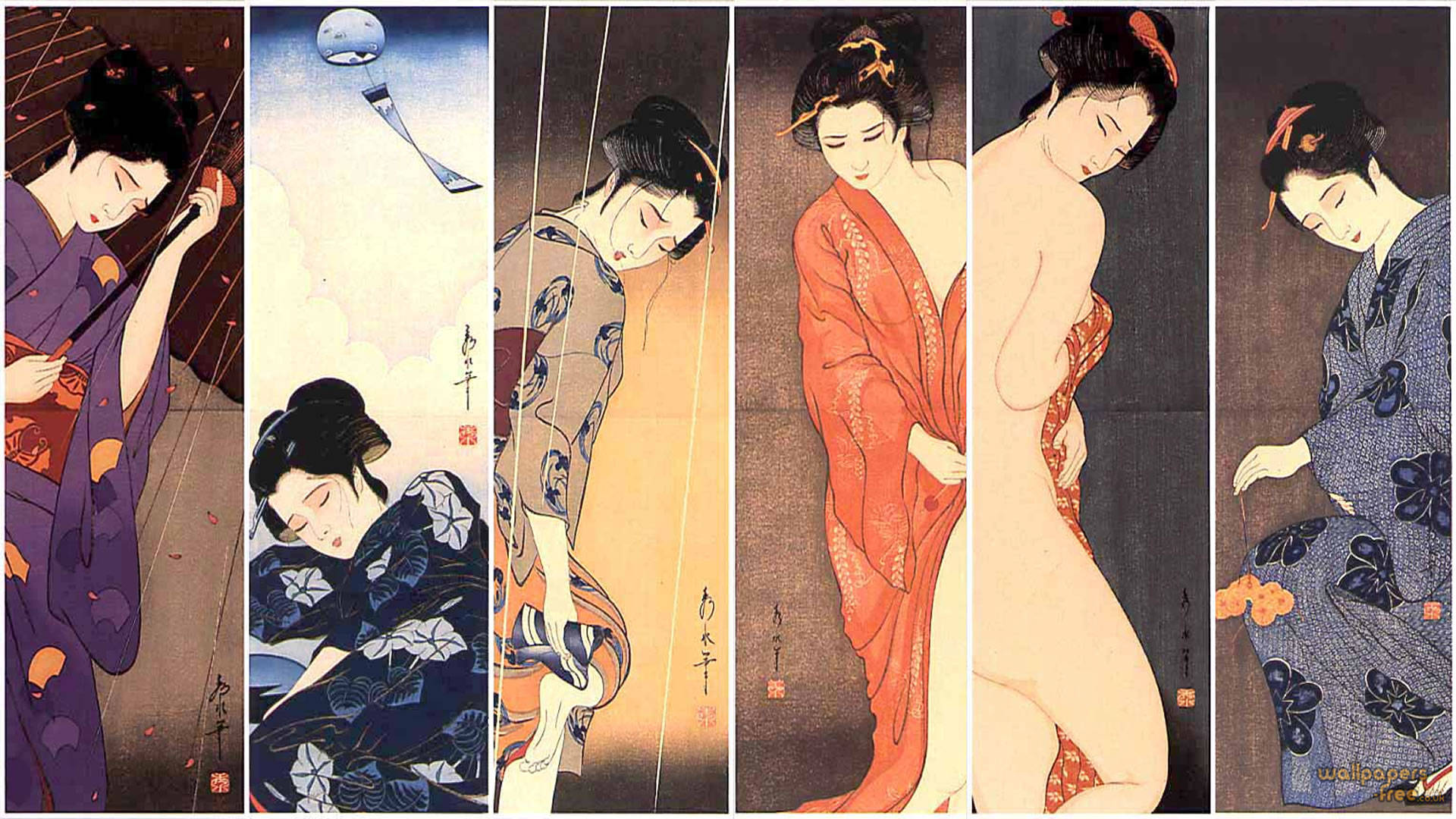 Geisha, traditional Japanese woodblock prints, kimonos, Full HD Desktop Wallpaper