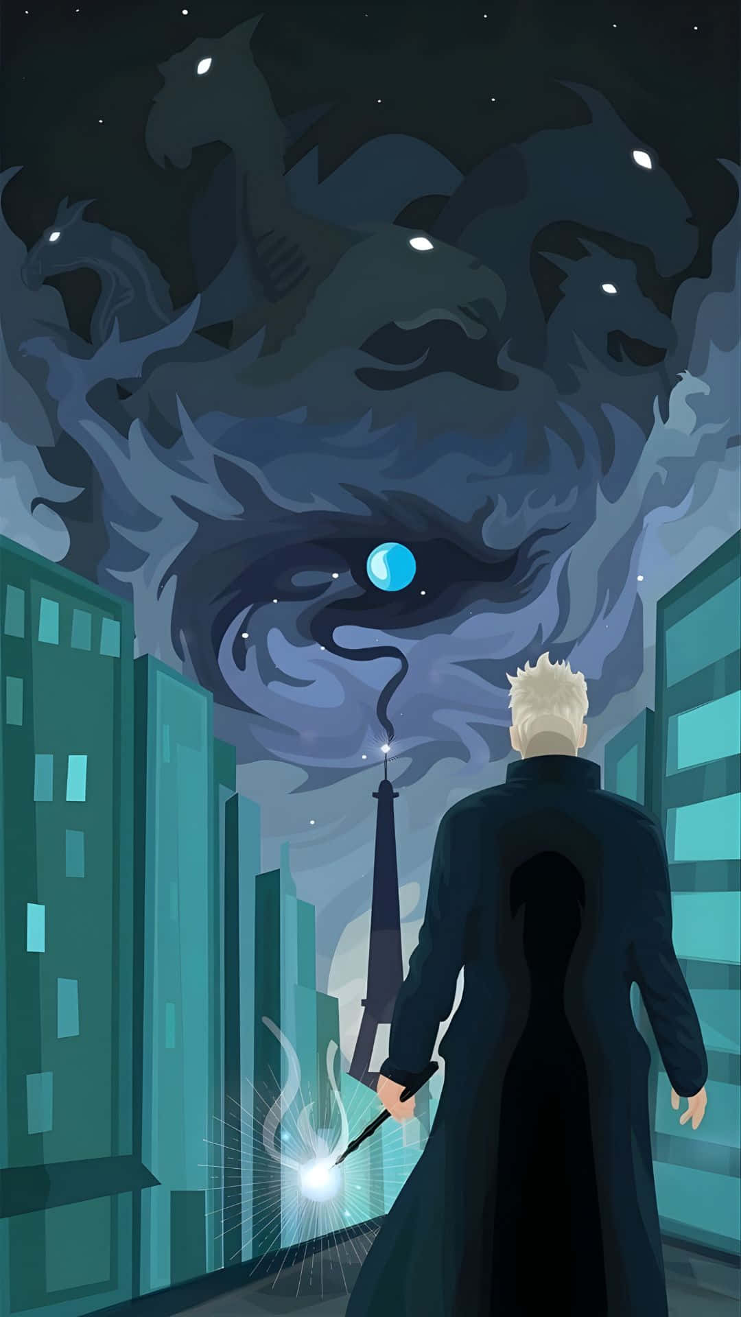 Gellert Grindelwald, dark coat, teal cityscape, Full HD Phone Wallpaper