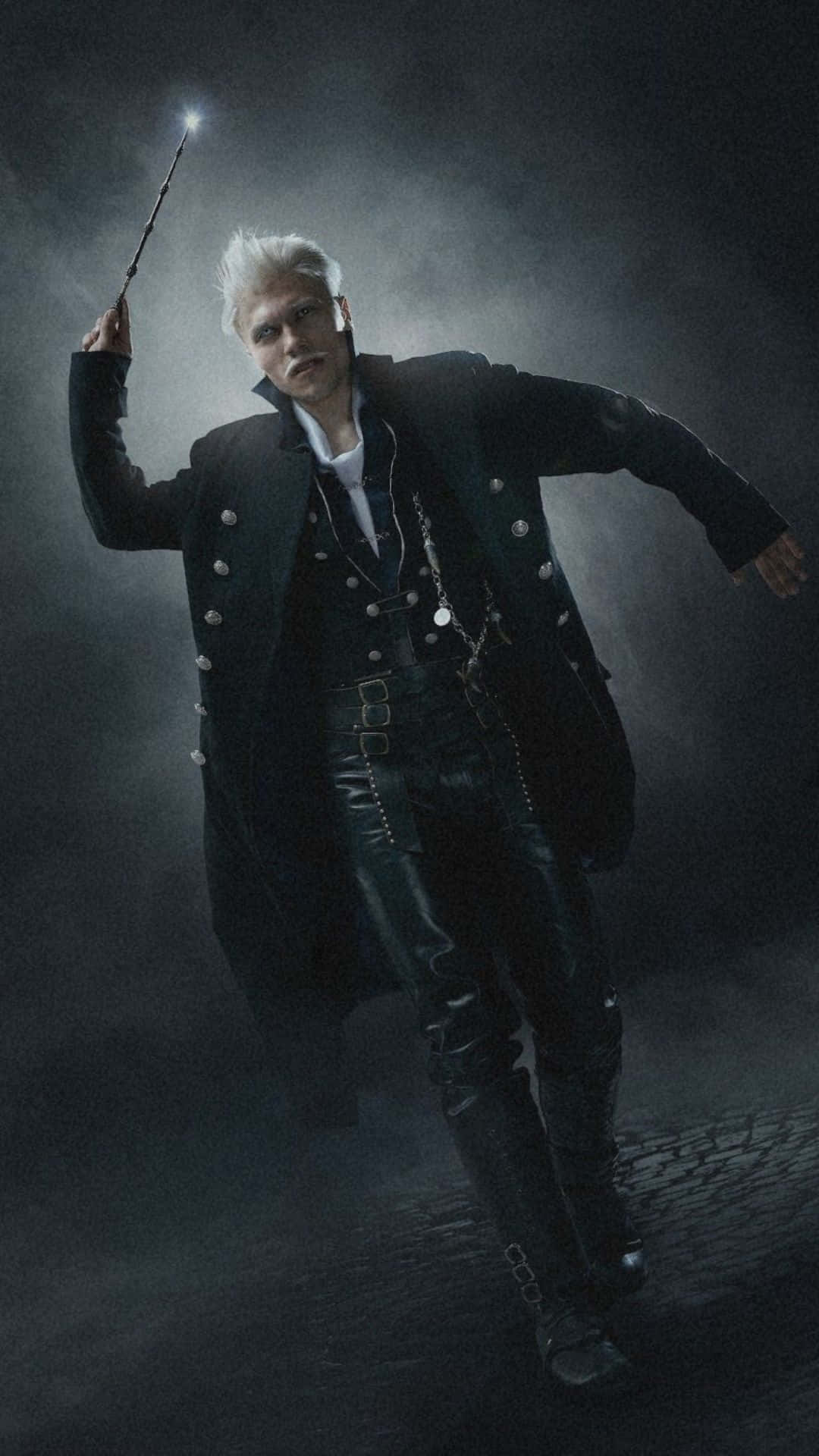 Gellert Grindelwald, dark coat, glowing wand, Full HD Phone Wallpaper