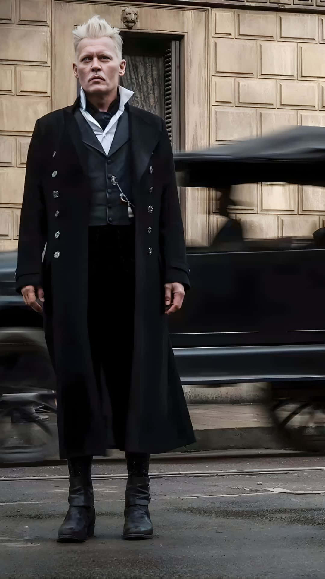 Gellert Grindelwald, spiky white hair, long black coat, Full HD Phone Wallpaper