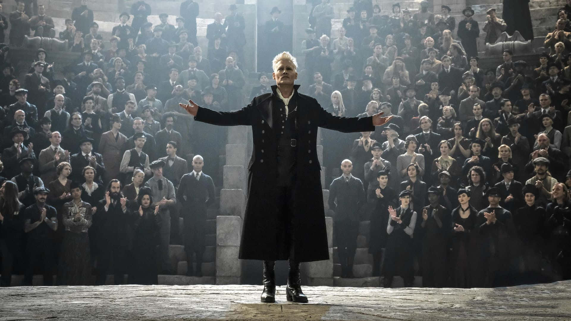 Gellert Grindelwald, long black coat, crowd seated in stone tiers, Full HD Desktop Wallpaper