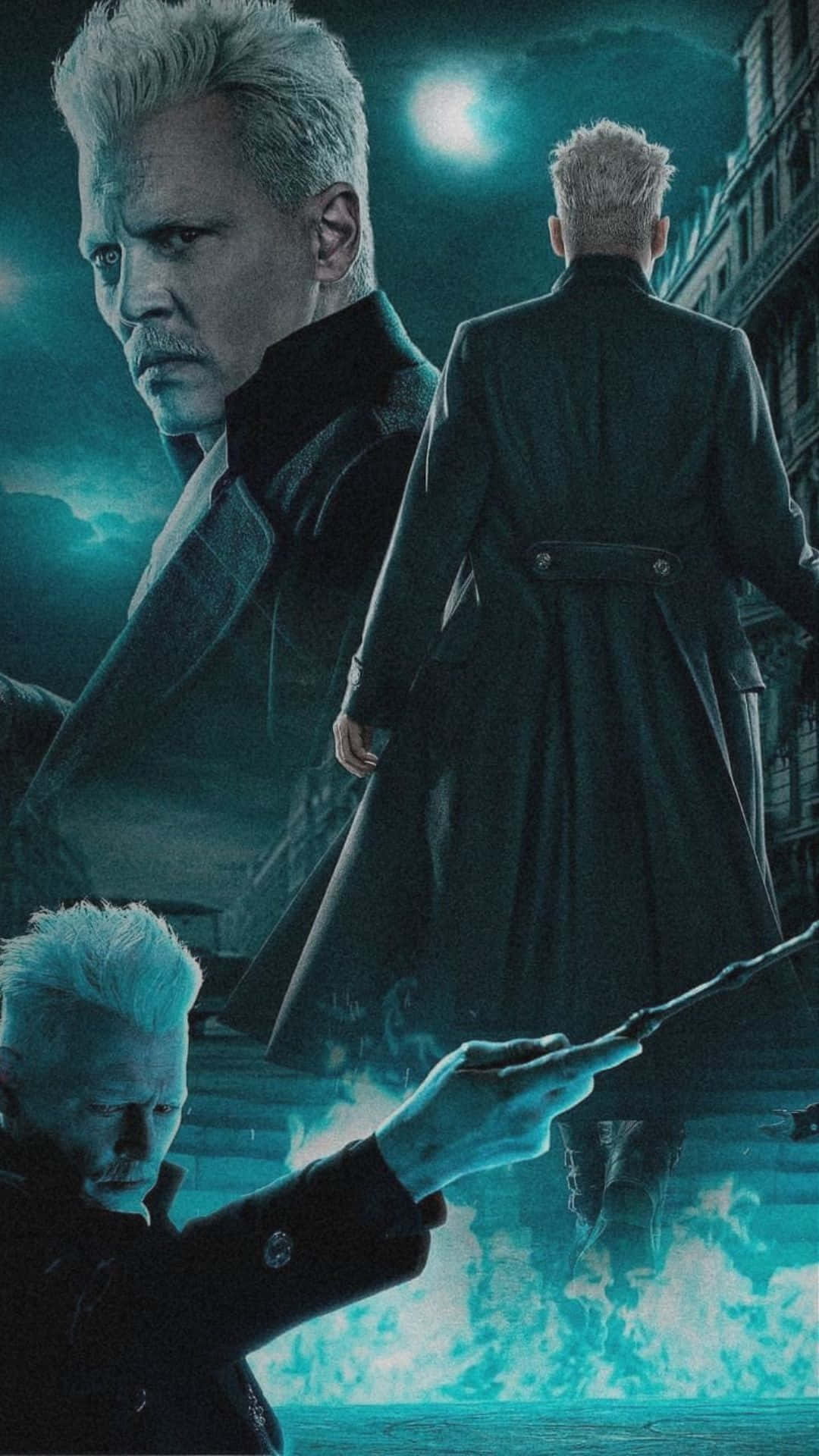 Gellert Grindelwald, dark coat, glowing blue flames, Full HD Phone Wallpaper