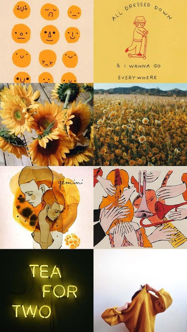 Gemini Collage Aesthetic, warm-toned vintage illustrations, sunflowers, SD Phone Wallpaper