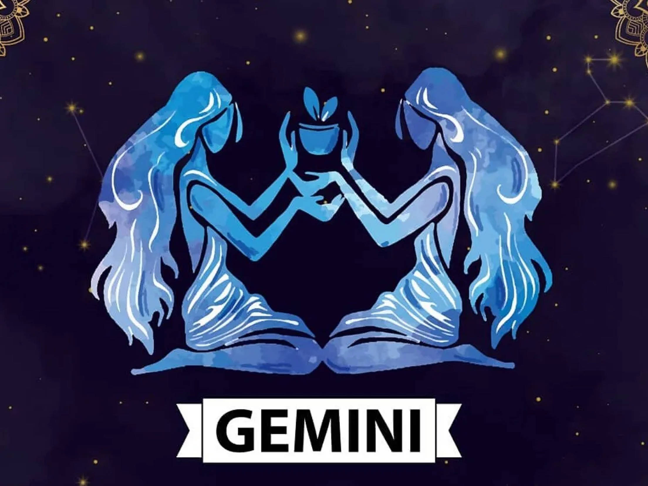 Gemini, zodiac symbol twins, blue watercolor figures, Full HD Desktop Wallpaper