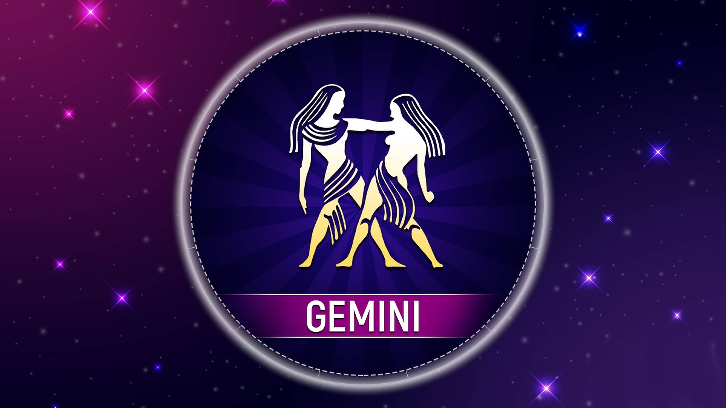 Gemini, zodiac emblem, cosmic purple starfield, Full HD Desktop Wallpaper