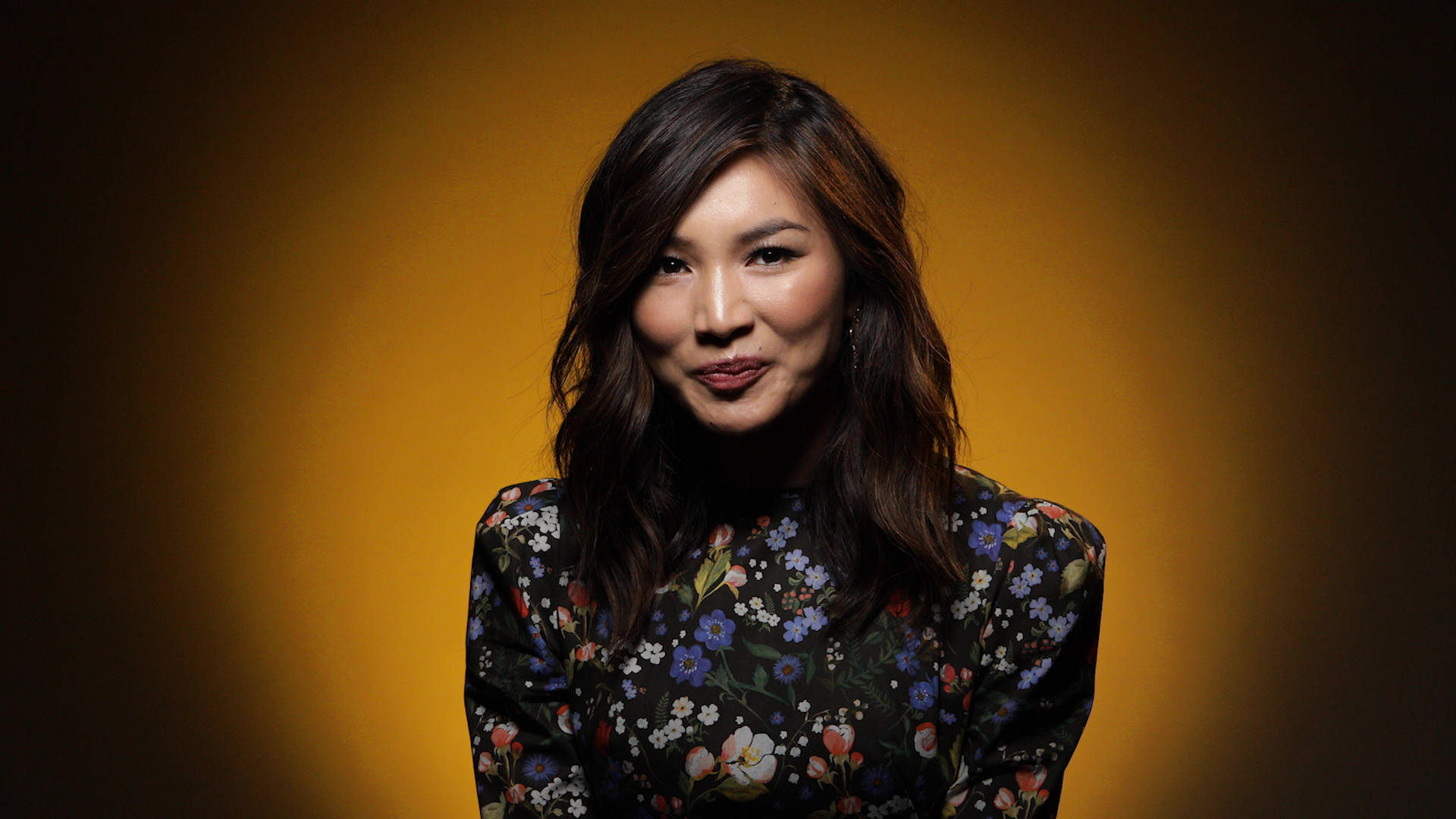 Gemma Chan, dark hair, floral blouse, Full HD Desktop Wallpaper