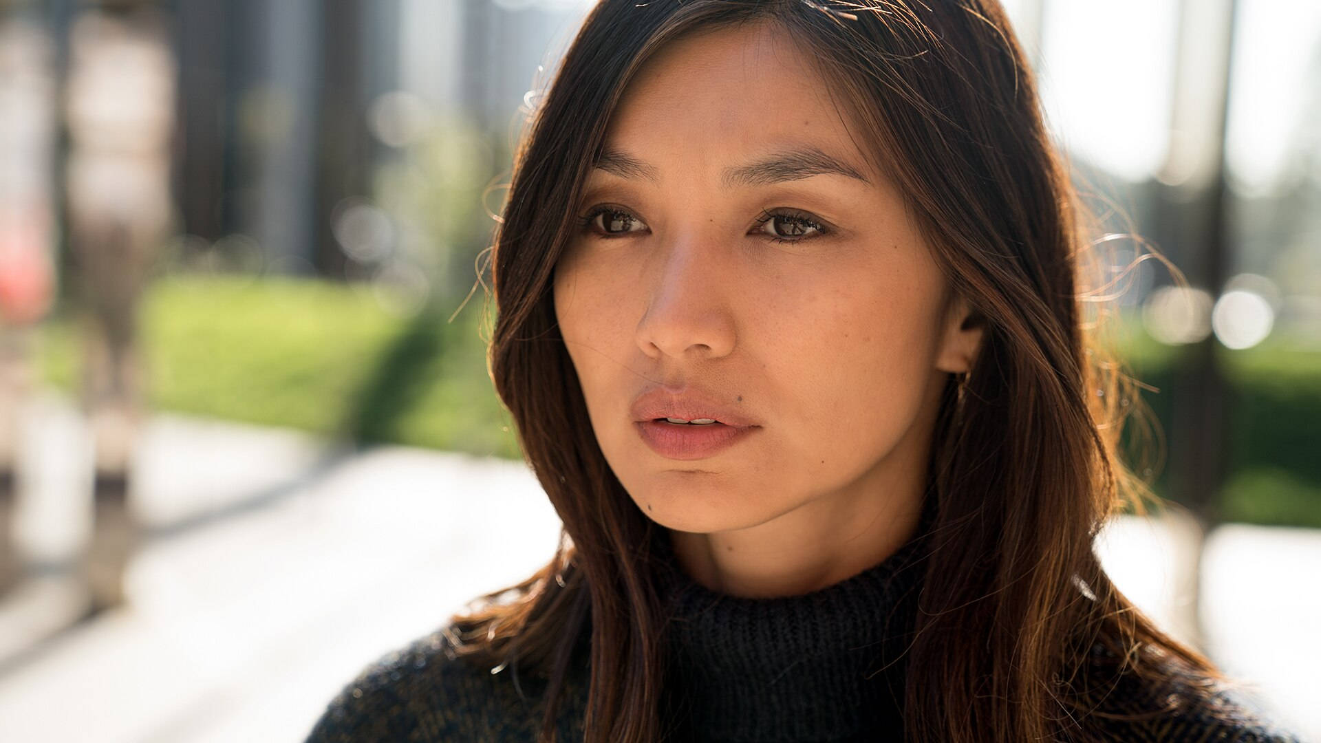 Gemma Chan, dark hair, black turtleneck, Full HD Desktop Wallpaper